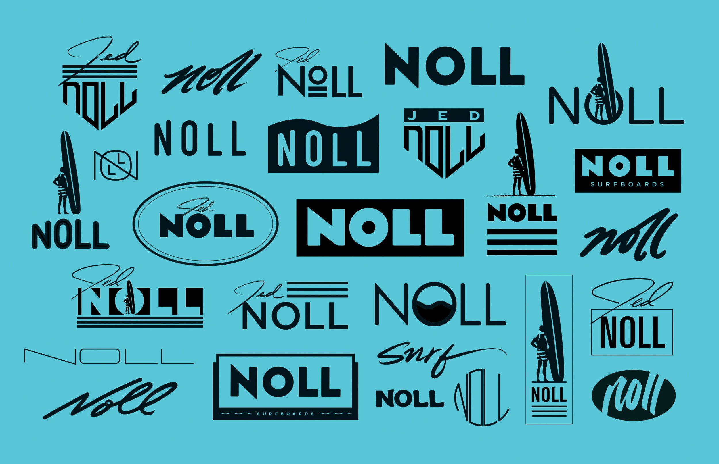 A collage of various surfboard logos and designs with the word 'NOLL' or 'Noll' in different fonts and styles on a blue background.