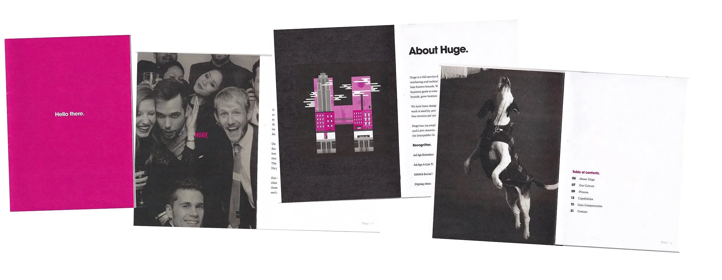 A collage of five printed pages, including a pink cover page with white text saying 'Hello there,' a black and white photo of a group of happy people, a graphic illustration of a pink and black cityscape, a black and white photo of a dog jumping, and a page with a pink and black table of contents.
