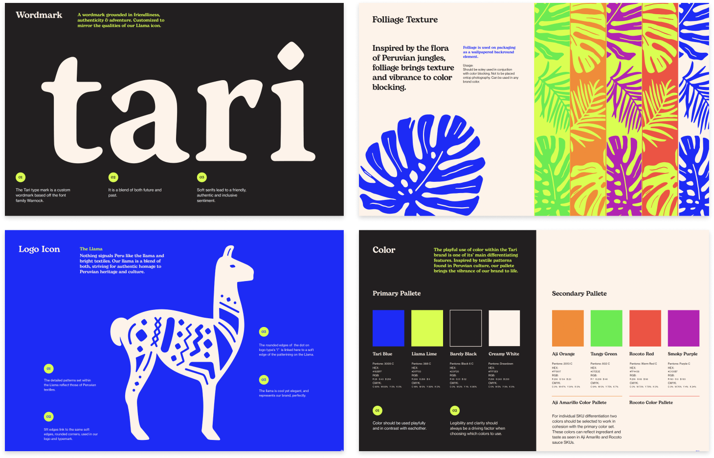 A four-panel brand style guide for a wordmark called 'Tari,' featuring design details, foliage texture inspired by Peruvian jungle flora, logo icon of a stylized llama with colorful Peruvian textile patterns, and color palette with primary and secondary colors including blue, lime green, black, white, orange, green, red, and purple.