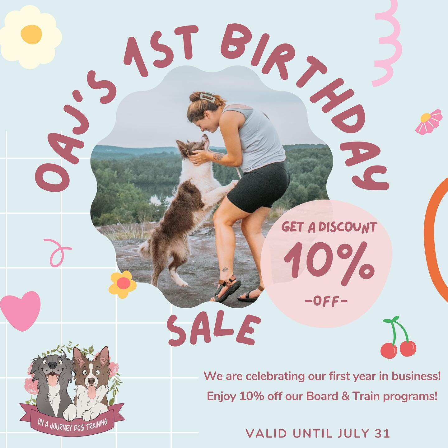 🥳 IT&rsquo;S OUR BIRTHDAY! 🥳

On A Journey is celebrating our 1st year of helping owners build better relationships with their dogs! We&rsquo;d love to celebrate with you and offer 10% off of all of our board and train programs, including our Puppy
