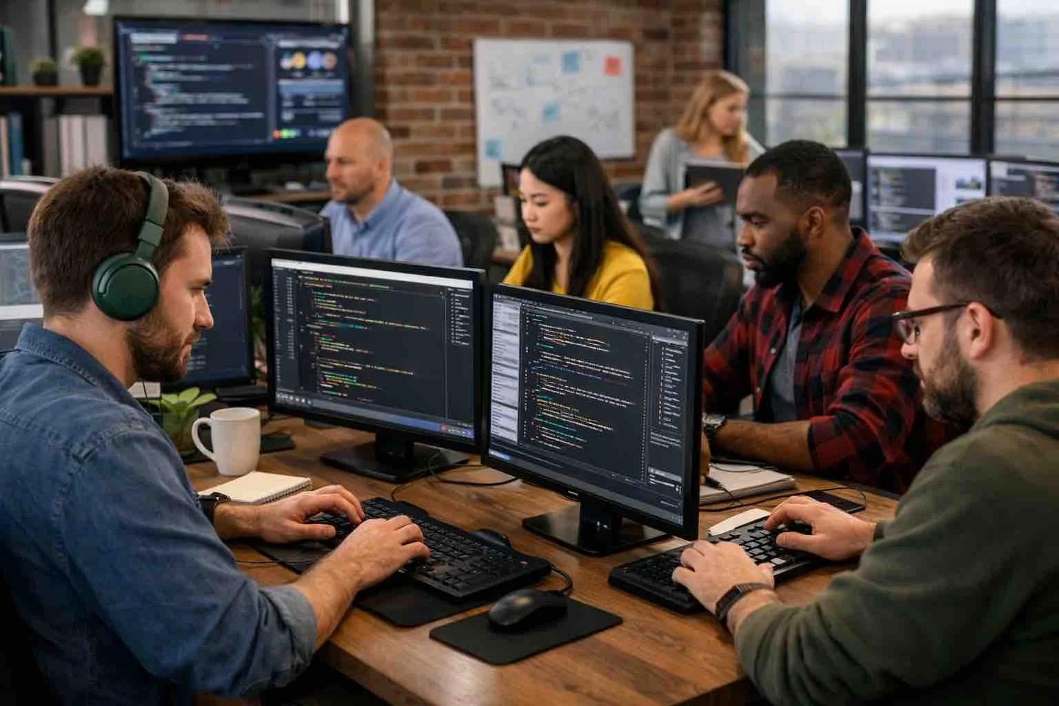 programmers around table writing Meta descriptions