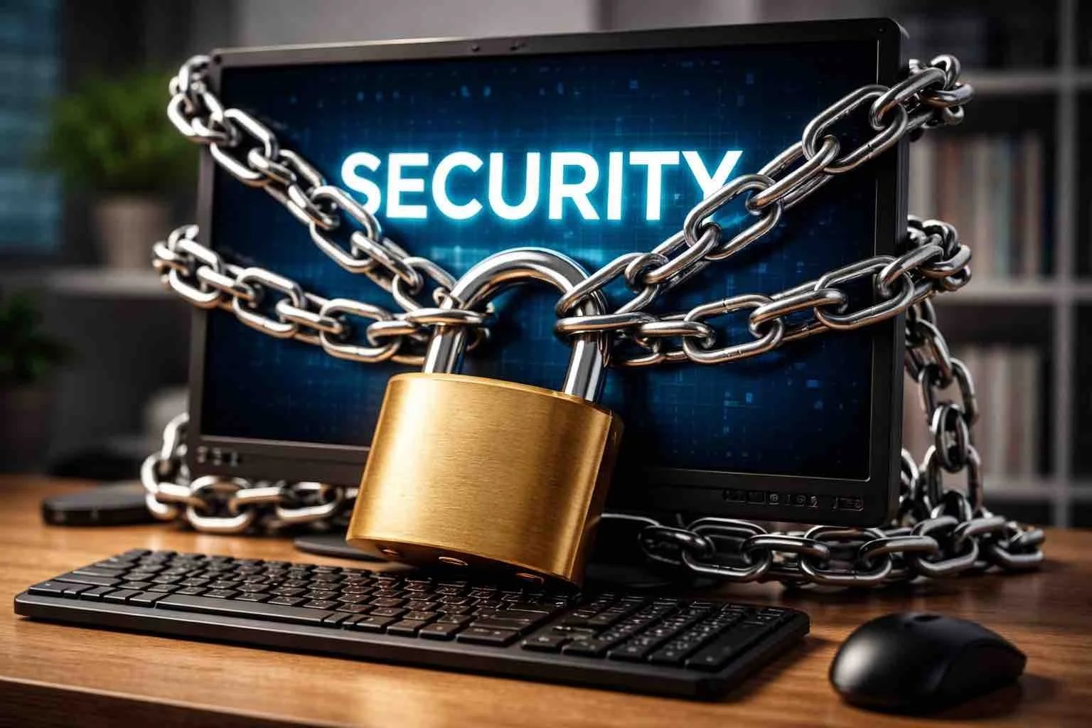 A lock and chain around a laptop computer