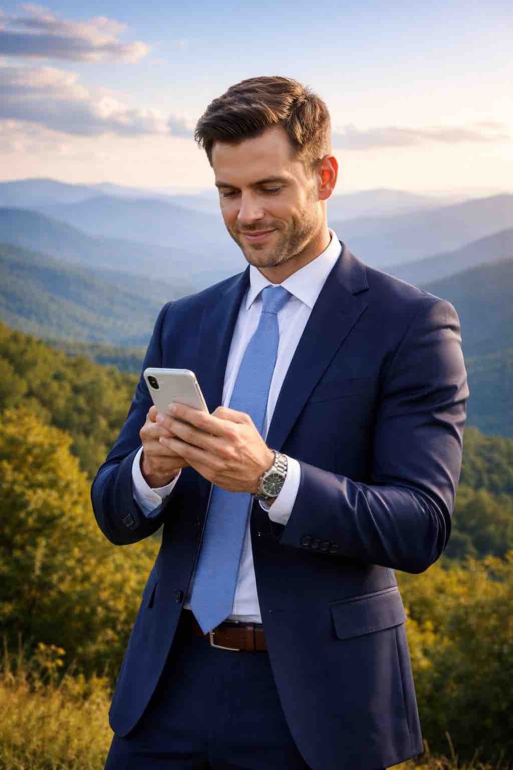 Man holding iPhone with BlueRidge Mountains in the background