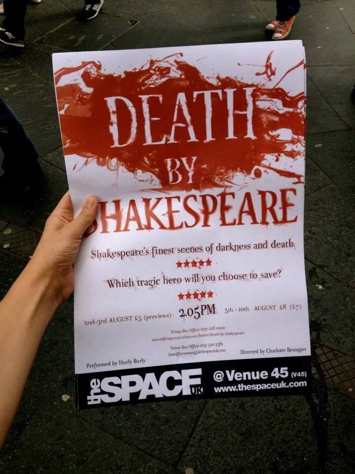 Poster for Death by Shakespeare put on at the Edinburgh fringe. Blood splatter behind Title