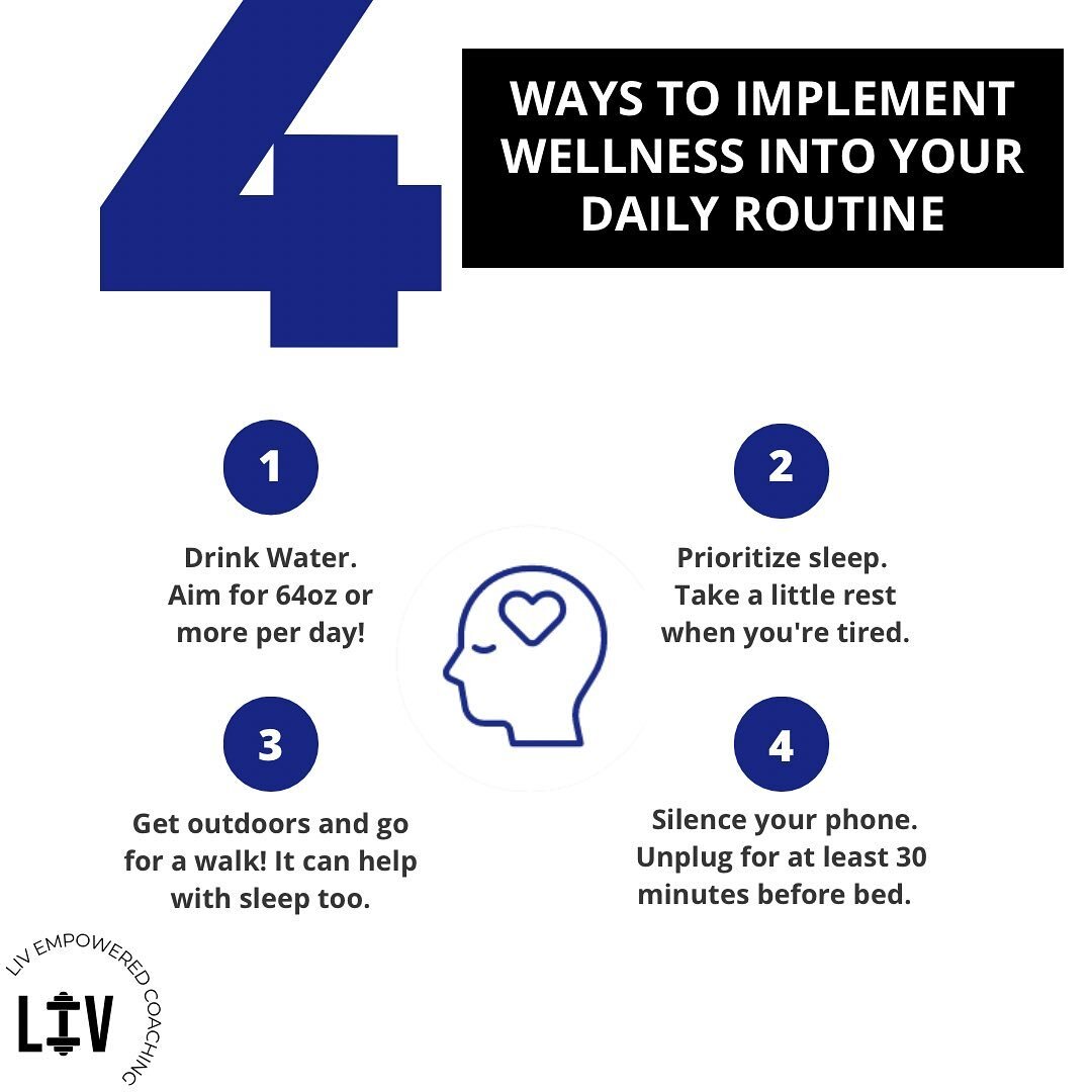 WELLNESS  TIPS💙🧠☀️💤📖

Here are ~simple + easy~ ways to implement wellness into your daily routine. 

There will be days where you might not get to one of them, but remember that is okay! We are looking for consistency, not perfection! 

Our welln