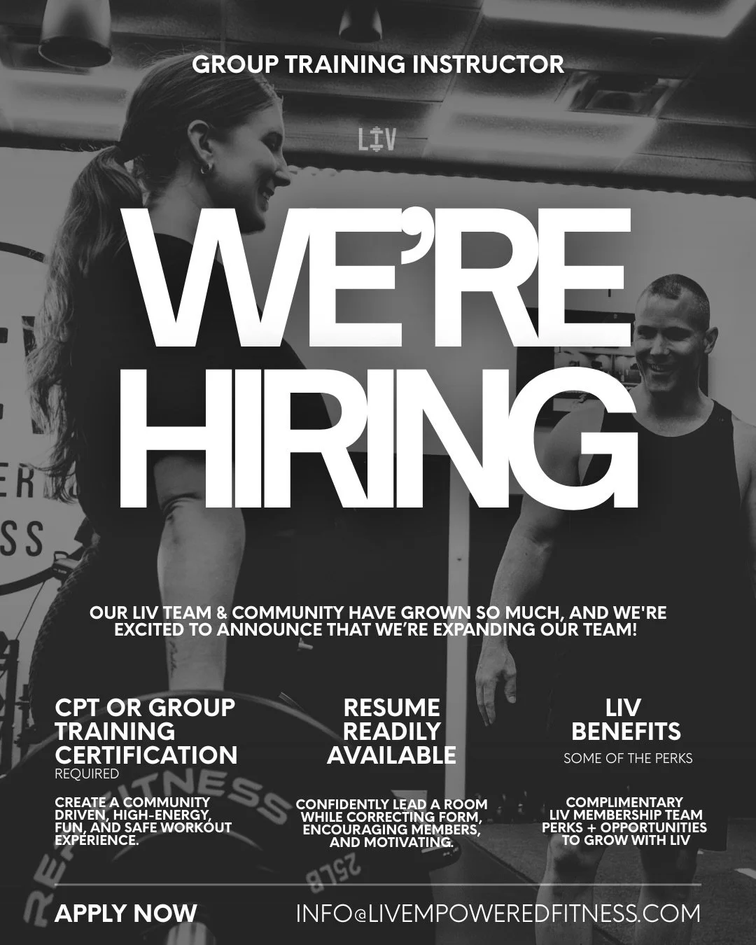 WE&rsquo;RE HIRING 🖤🏋️&zwj;♀️

LIV is evolving and we&rsquo;re looking to add another amazing coach to our team.

We&rsquo;re looking for someone who brings the energy, professionalism, and a genuine passion for helping others feel stronger, more c