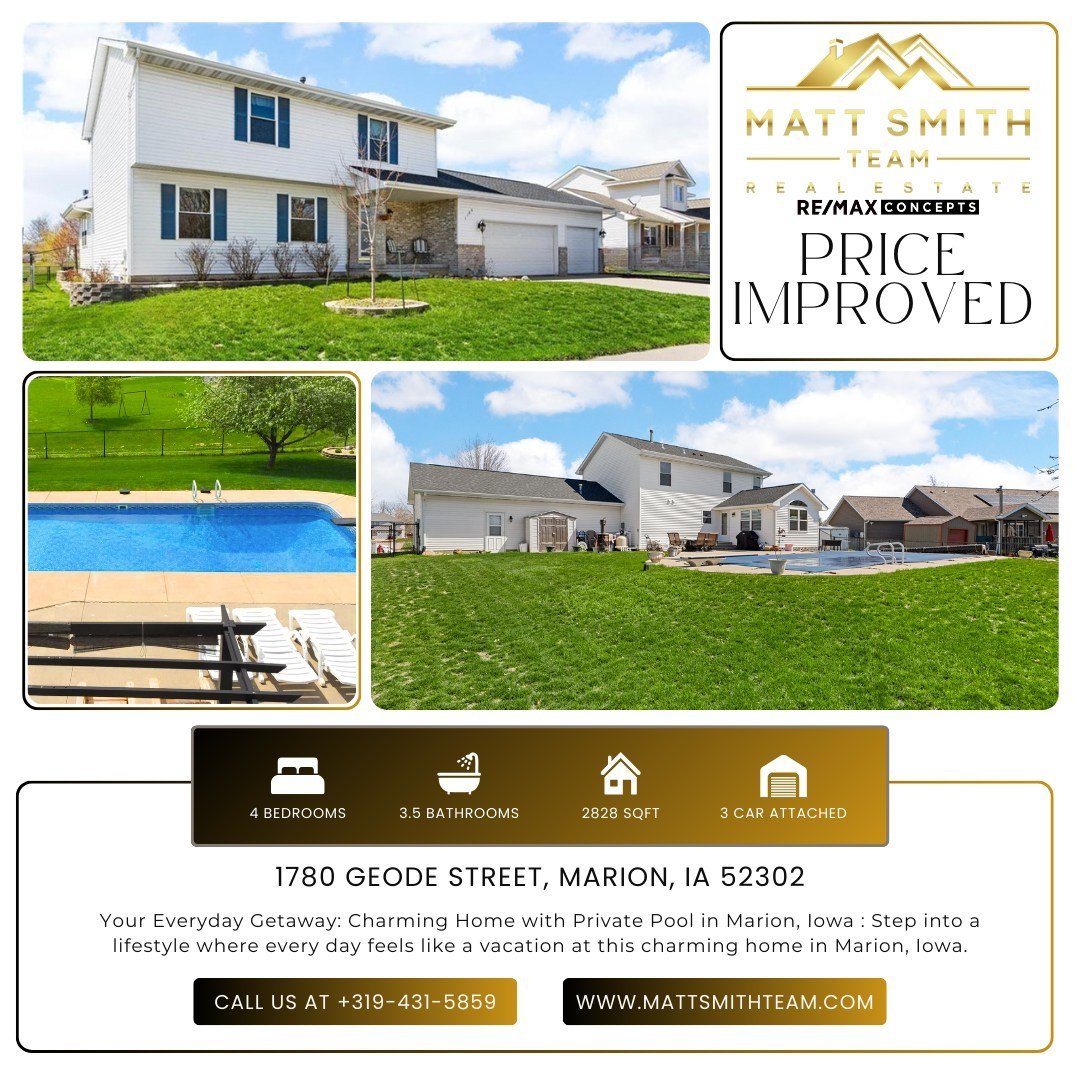 🎥🌟 𝐏𝐫𝐢𝐜𝐞 𝐈𝐦𝐩𝐫𝐨𝐯𝐞𝐝 𝐭𝐨 $𝟑𝟔𝟎,𝟎𝟎𝟎! Welcome to your everyday getaway at this charming home in Marion, Iowa. 🏡💦 Imagine living where every day feels like a vacation with your 𝙥𝙧𝙞𝙫𝙖𝙩𝙚 𝙗𝙖𝙘𝙠𝙮𝙖𝙧𝙙 𝙨𝙬𝙞𝙢𝙢𝙞𝙣𝙜 𝙥𝙤𝙤?