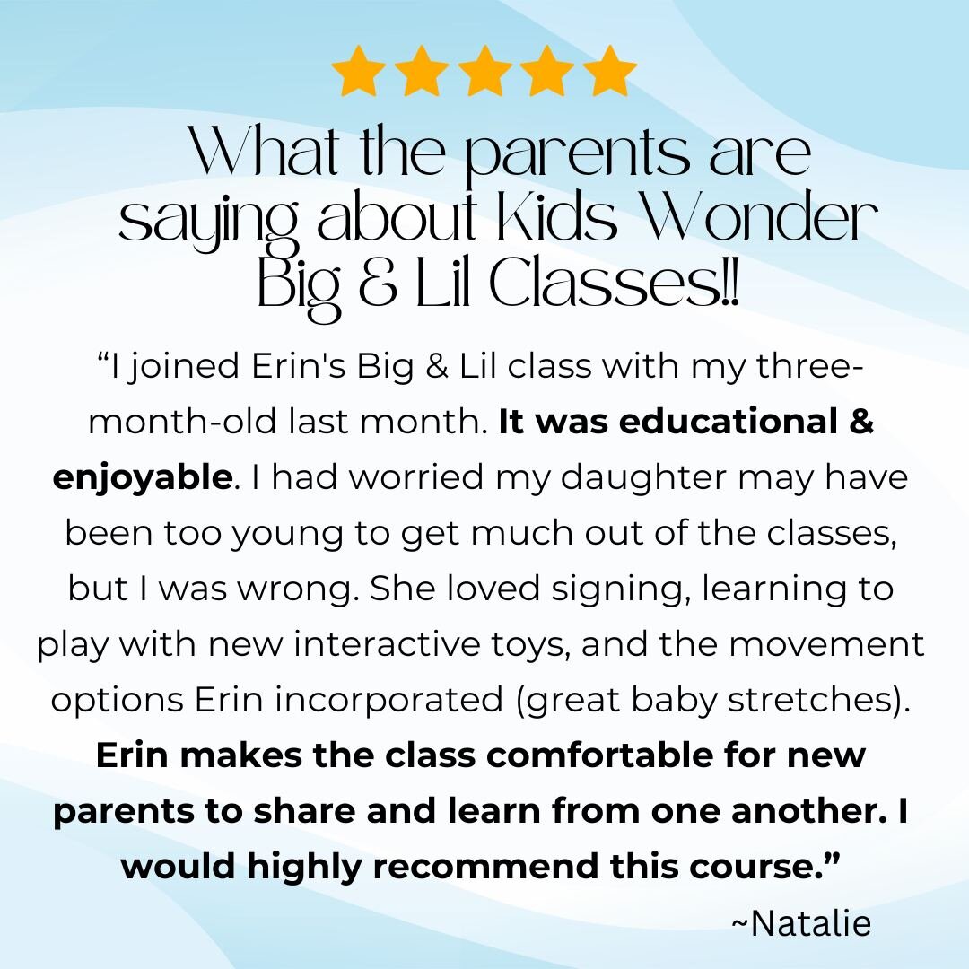 I started leading Kids Wonder's Big and Lil classes back in October and it has been such a delight to get to meet so many lovely parents and their babies. I got my first review and I'm just over the moon. It isn't too late to sign up for February's c