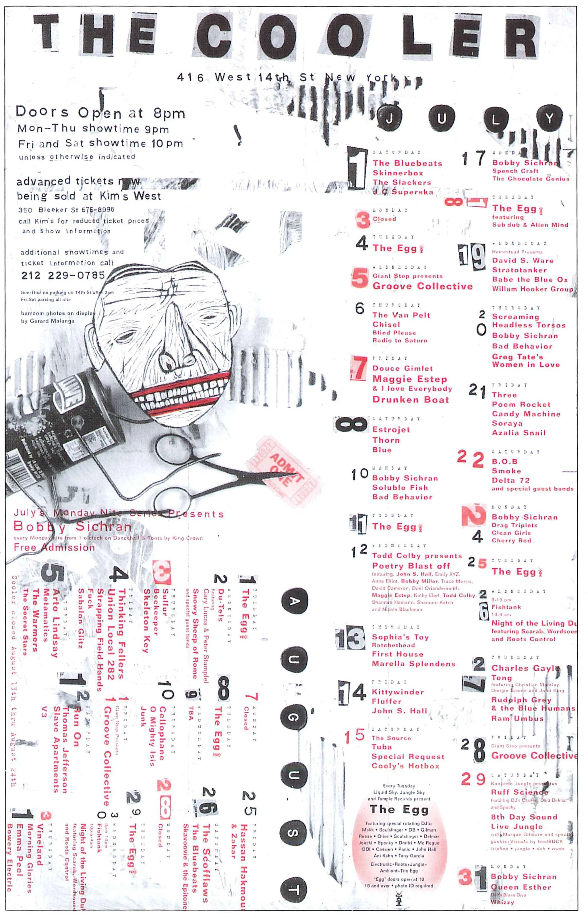 Poem Rocket, Candy Machine, Soraya, Three, and Azalia Snail. The Cooler, NYC.
July 21, 1995.
Artwork by Melinda Beck.