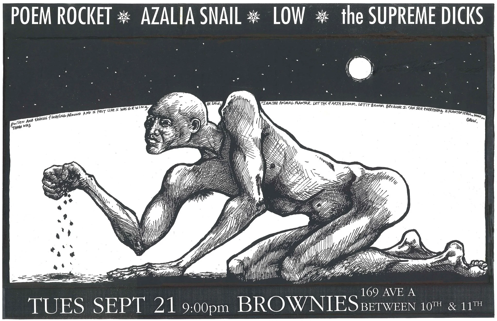 Poem Rocket, Low, Azalia Snail, and The Supreme Dicks. Brownies, NYC.
September 21, 1993.