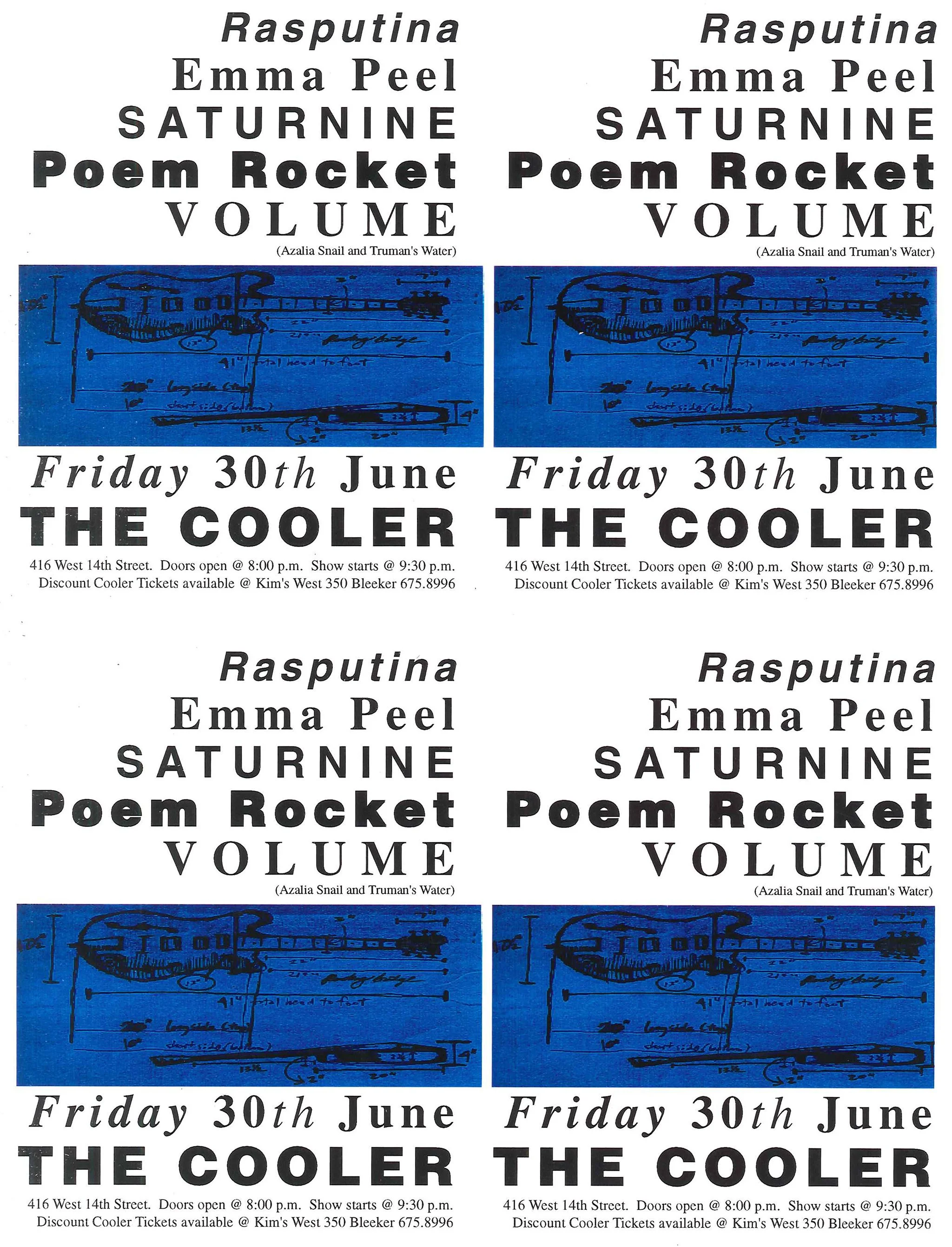 Poem Rocket, Volume, Saturnine, Emma Peel, and Rasputina. The Cooler, NYC.
June 30, 1995.