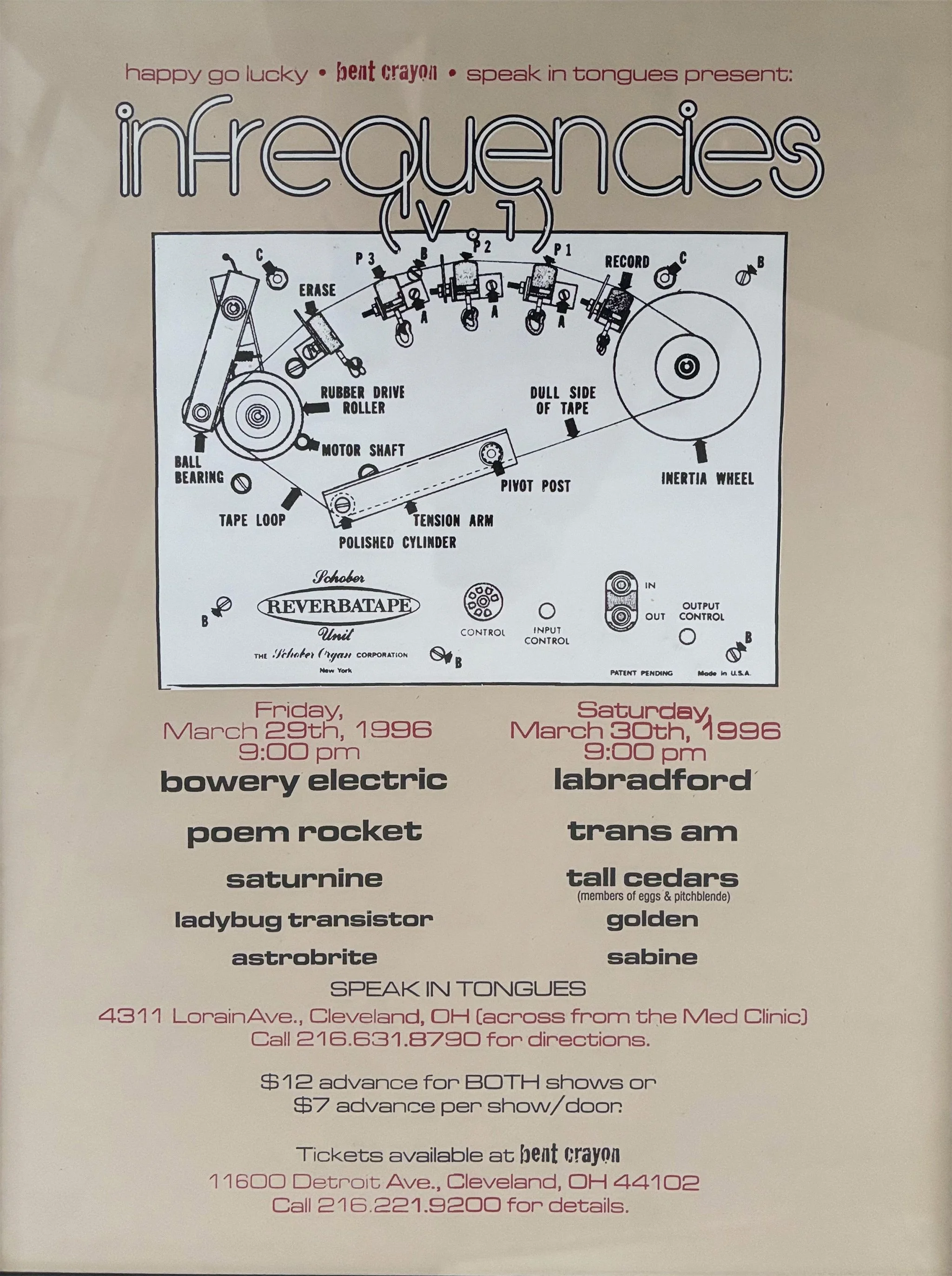 Infrequencies V.1
Poem Rocket, Bowery Electric, Saturnine, Ladybug Transistor, Astrobite, Labradford, Trans Am, Tall Cedars, Golden, and Sabine. 
Speak In Tongues, Cleveland, OH.
March 29–30, 1996.