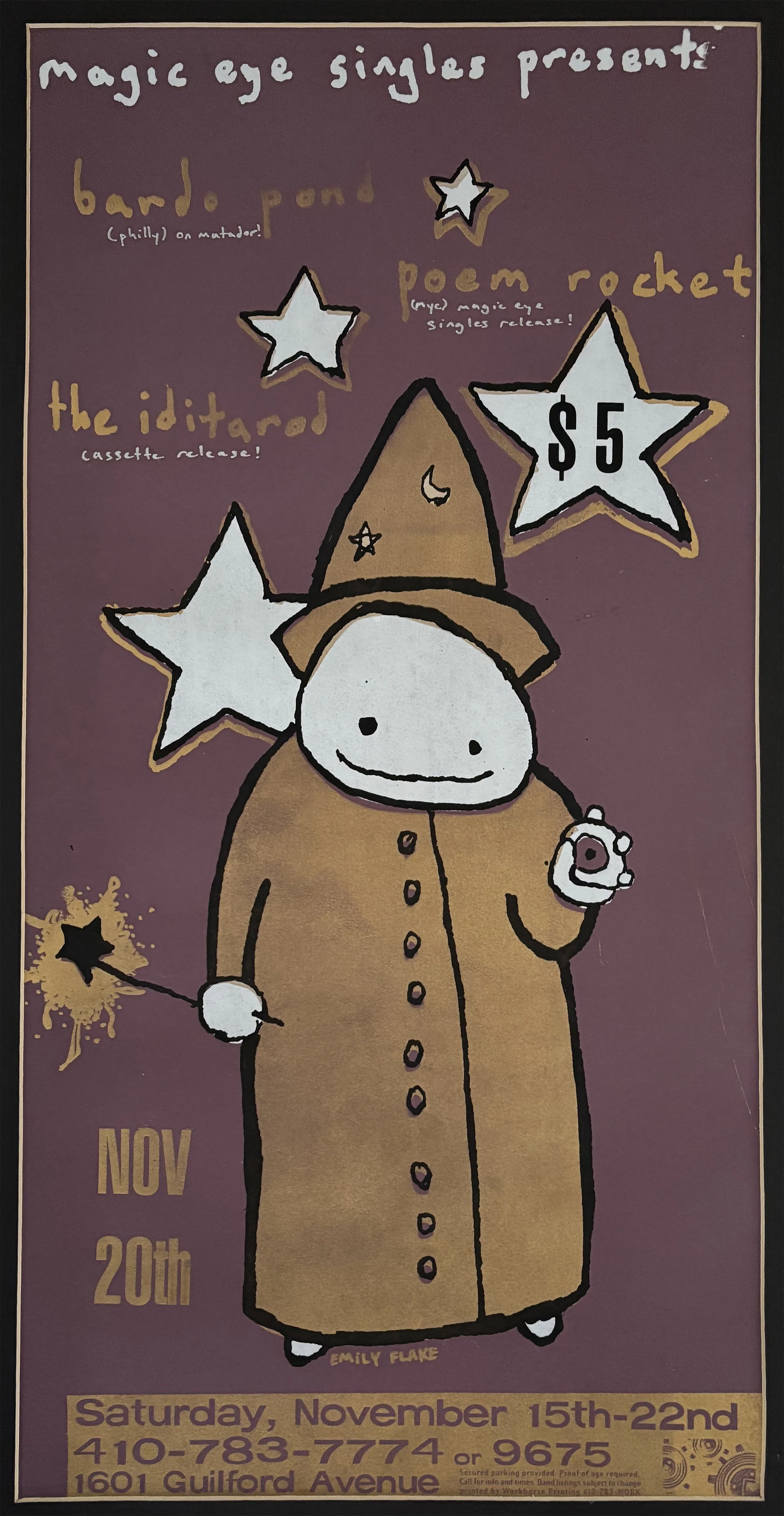 Magic Eye Singles Presents: Poem Rocket, Bardo Pond, and The Iditarod. Baltimore, MD. November 20, 1997.

Artwork by Emily Flake.