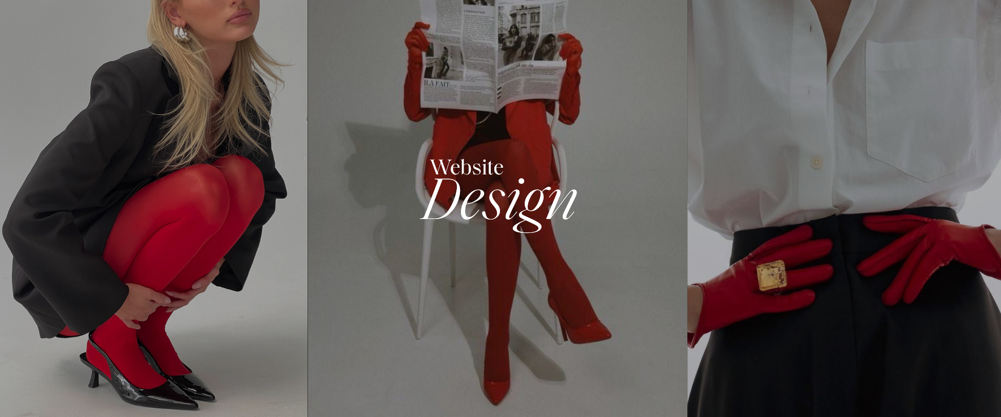 A promotional image for website design featuring three models dressed in black, white, and red fashion, with the text 'Website Design' overlayed in the center.