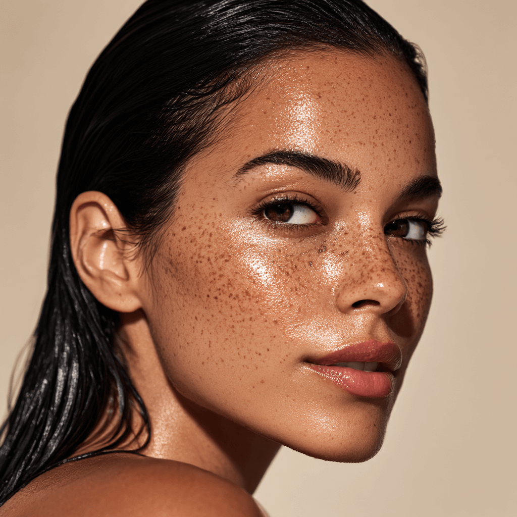 Close-up portrait of a woman with wet black hair, smooth glowing skin, and freckles, looking over her shoulder.