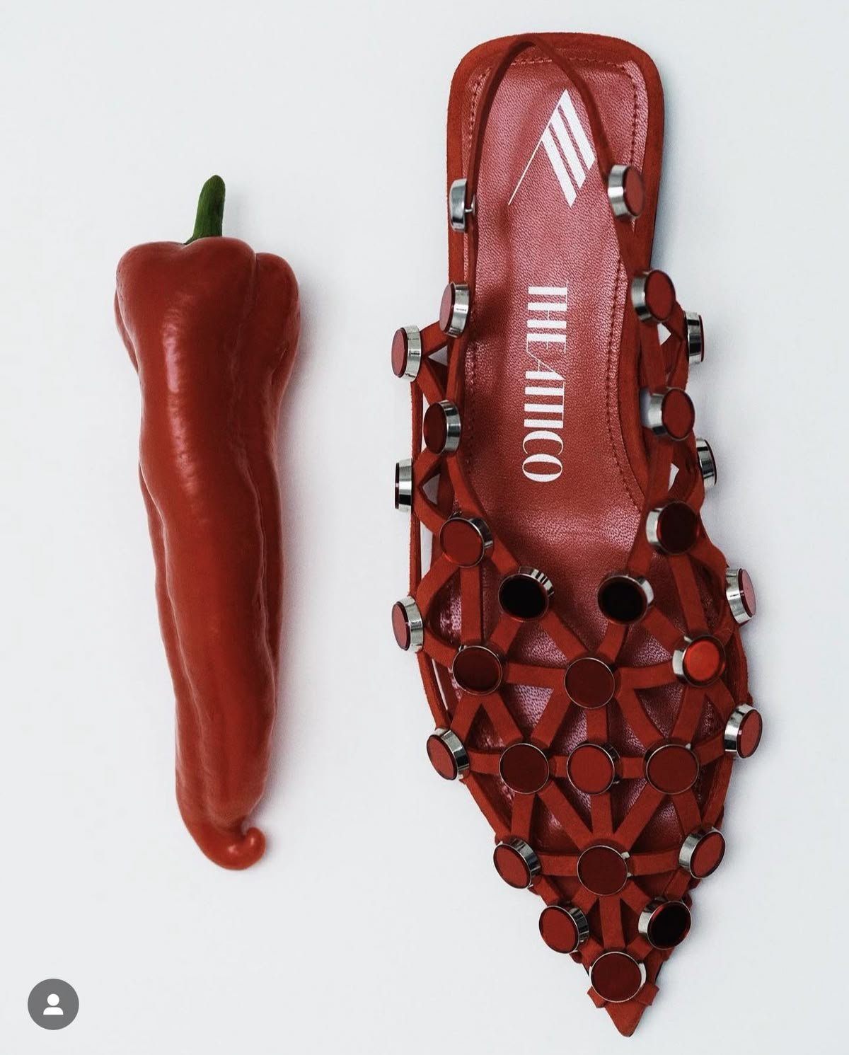 A red bell pepper shaped like a chili pepper next to a red high-heeled shoe with a lattice design and metallic accents, both on a white background.