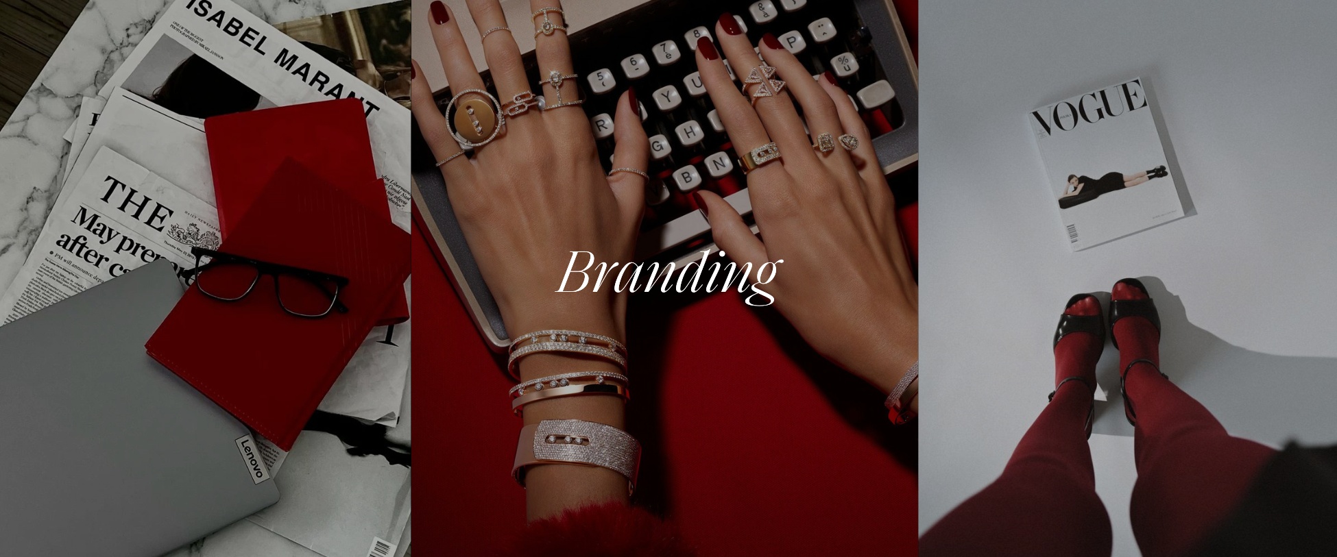 An overhead view of a branding concept with three sections. The left section shows glasses, red notebooks, and newspapers on a marble surface. The middle section features hands with multiple jewelry pieces, typing on a vintage typewriter, with a red outfit in the background. The right section displays feet in black shoes and red pants, a Vogue magazine, and a shadow cast on a white surface. The word 'Branding' is written across the center.