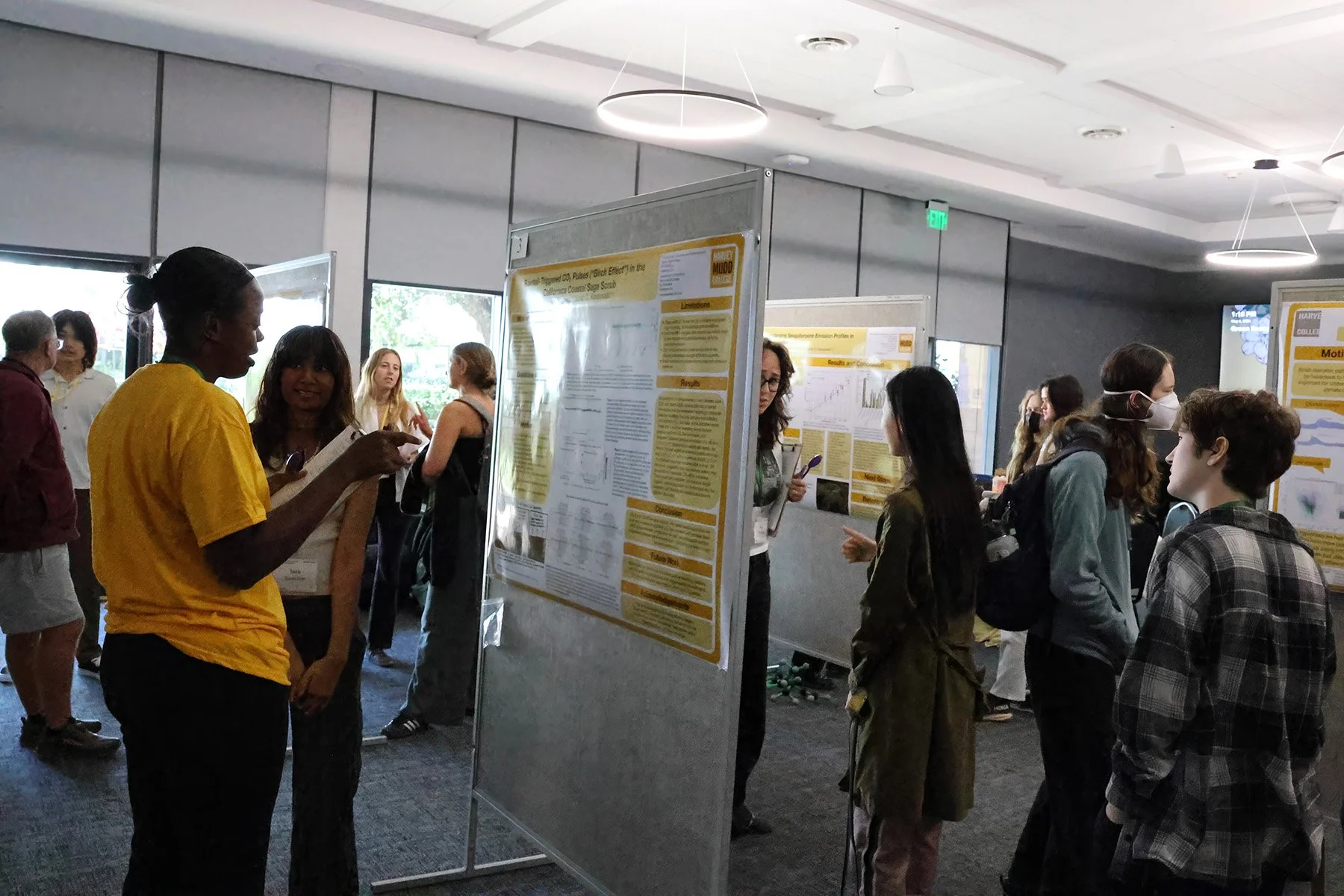 Poster Hall with 5 poster boards and colorful posters. Students talking with their hands.
