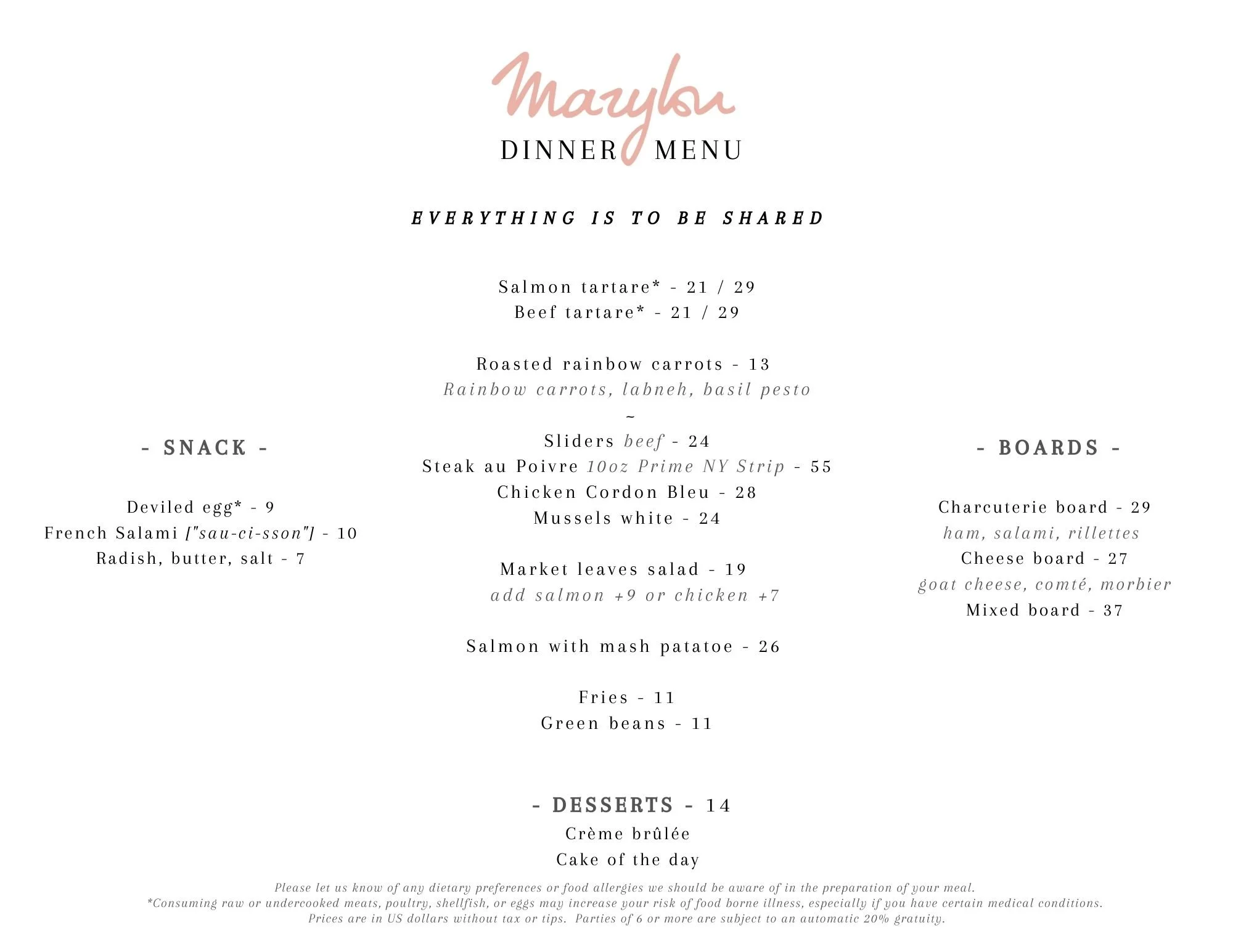 MEnu dinner