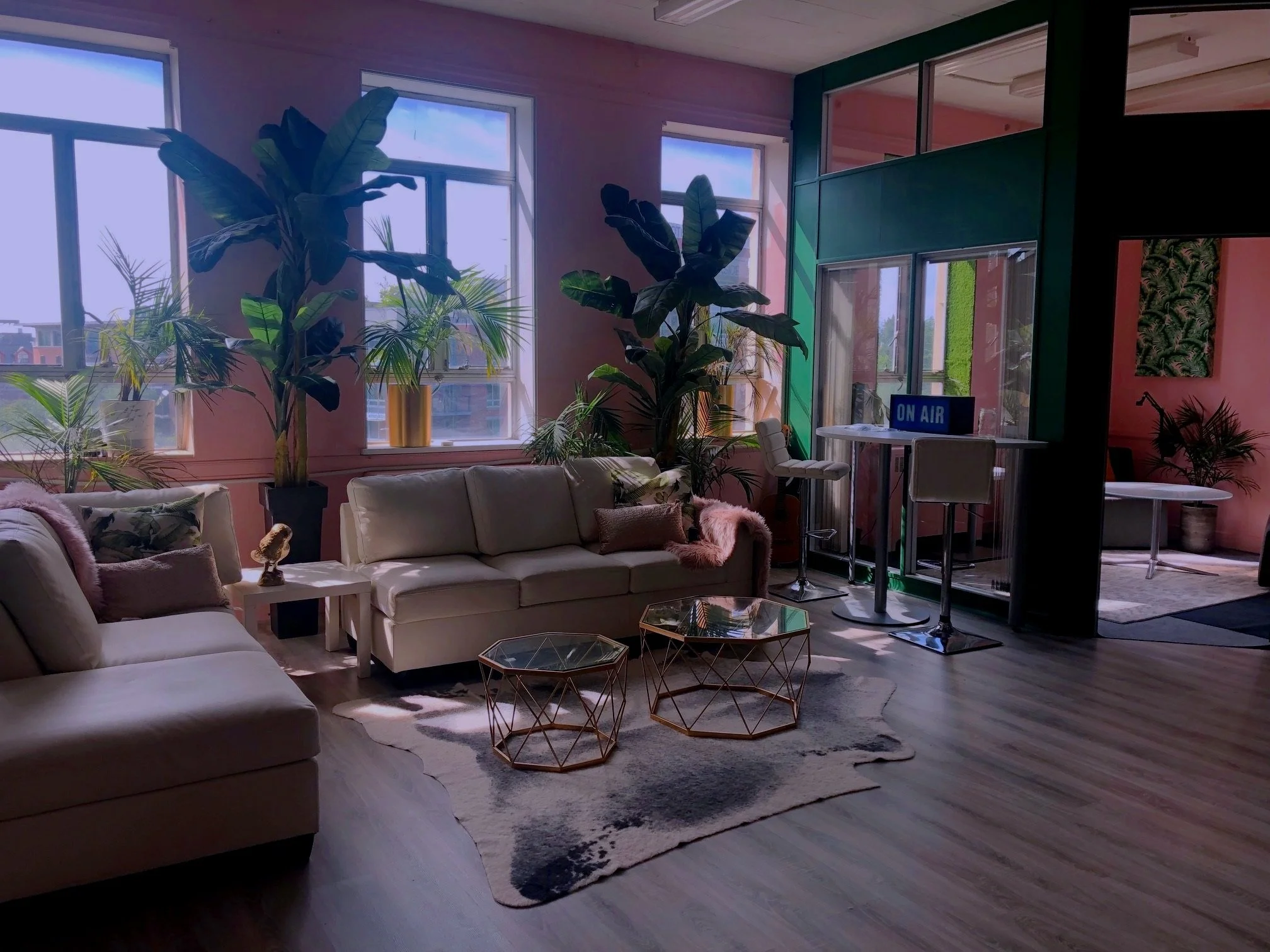 Sofas, rugs and plants in the Garden, the shared lounge at Haus of Owl