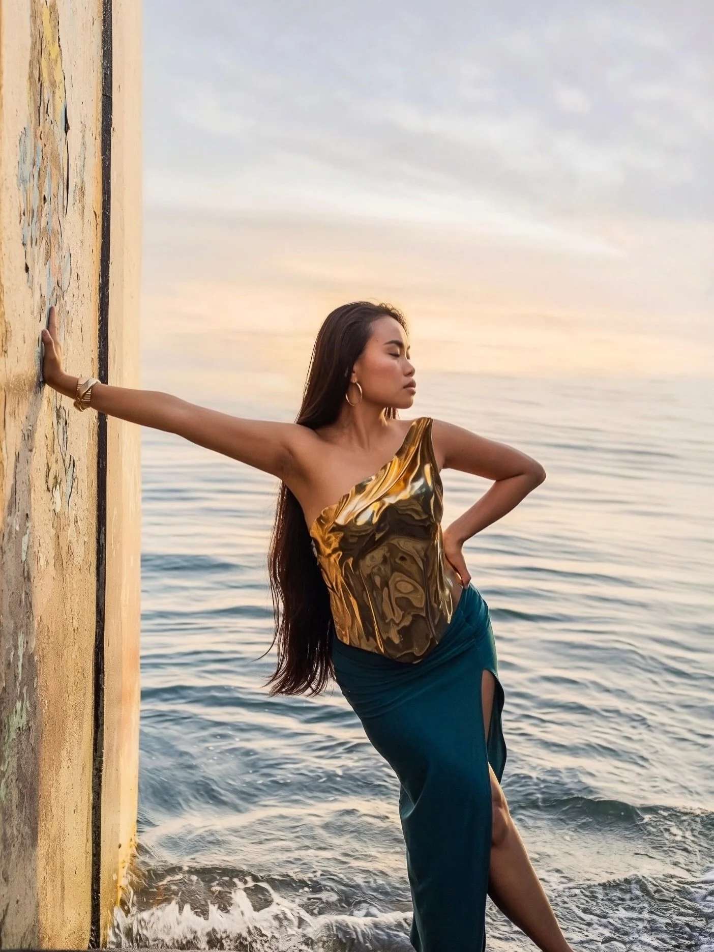 Model in a gold corset top posing against a seawall on Dallas Road at golden hour, shot at a Haus of Owl Photography Club session