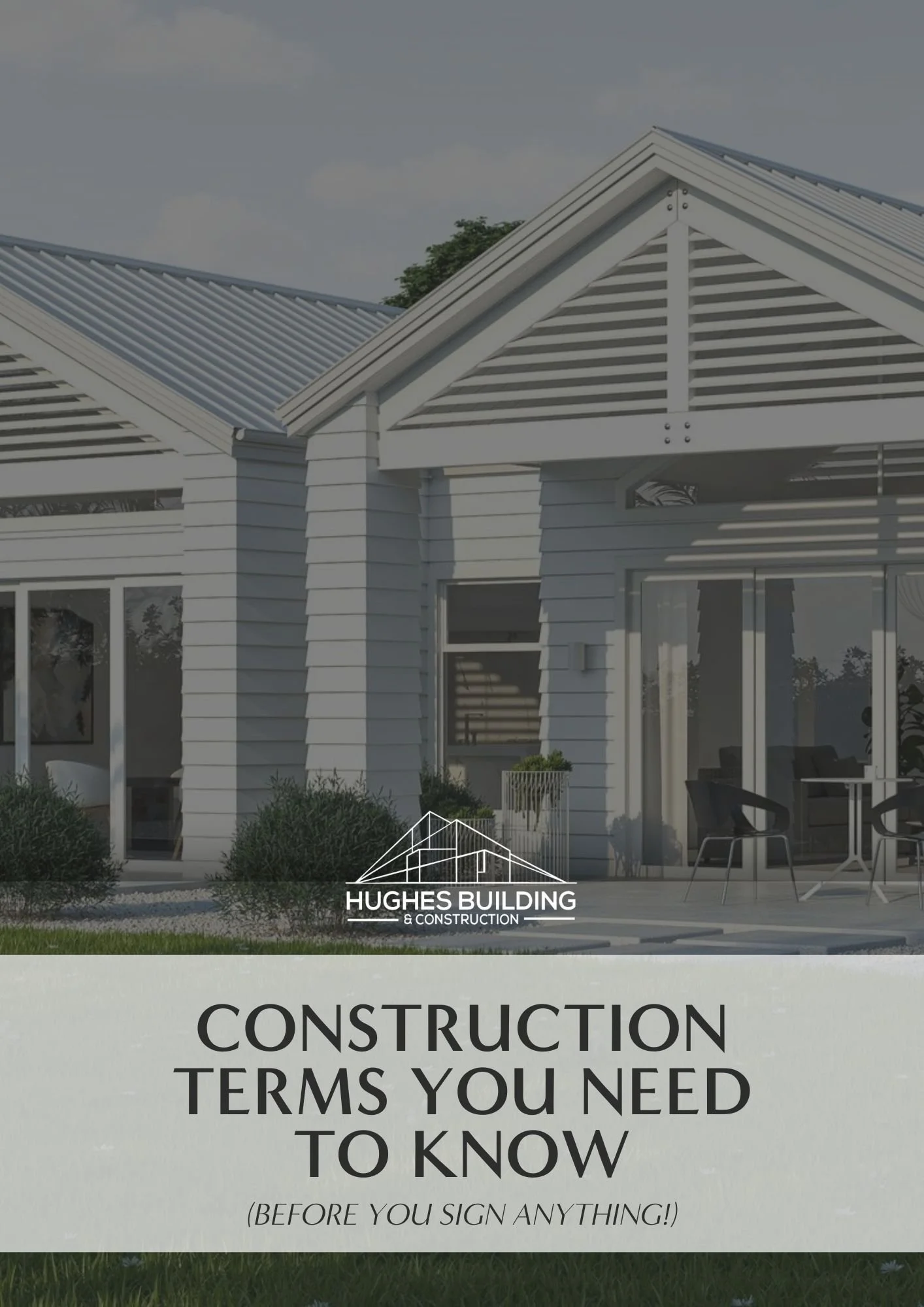 A modern white house with a metal roof, large windows, and a patio with chairs, set against a cloudy sky and green lawn. The image includes text about construction terms.