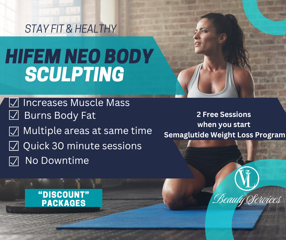 A woman in athletic wear practicing body sculpting exercises in a gym, with a promotional overlay for HIFEM Neo Body Sculpting services highlighting benefits like muscle mass increase, fat burning, multiple areas, quick sessions, and no downtime.