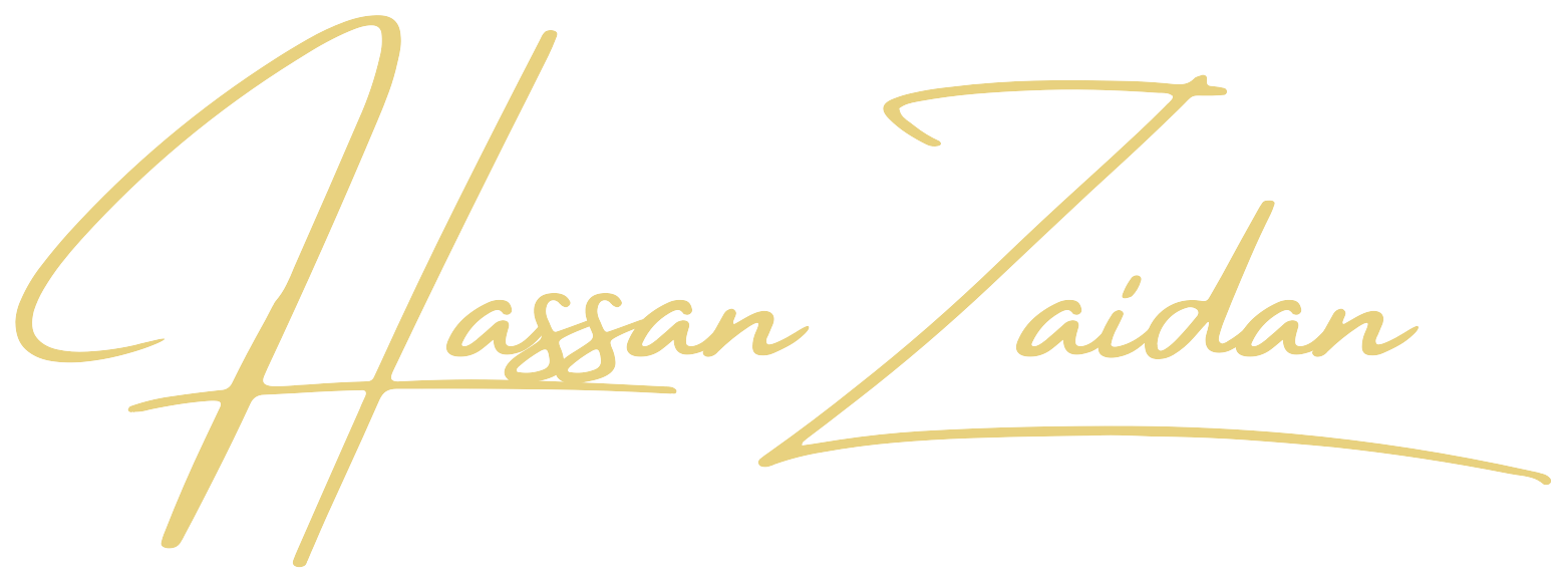 Stylized logo with the text 'Hassan Taidan' written in gold cursive font on a black background.