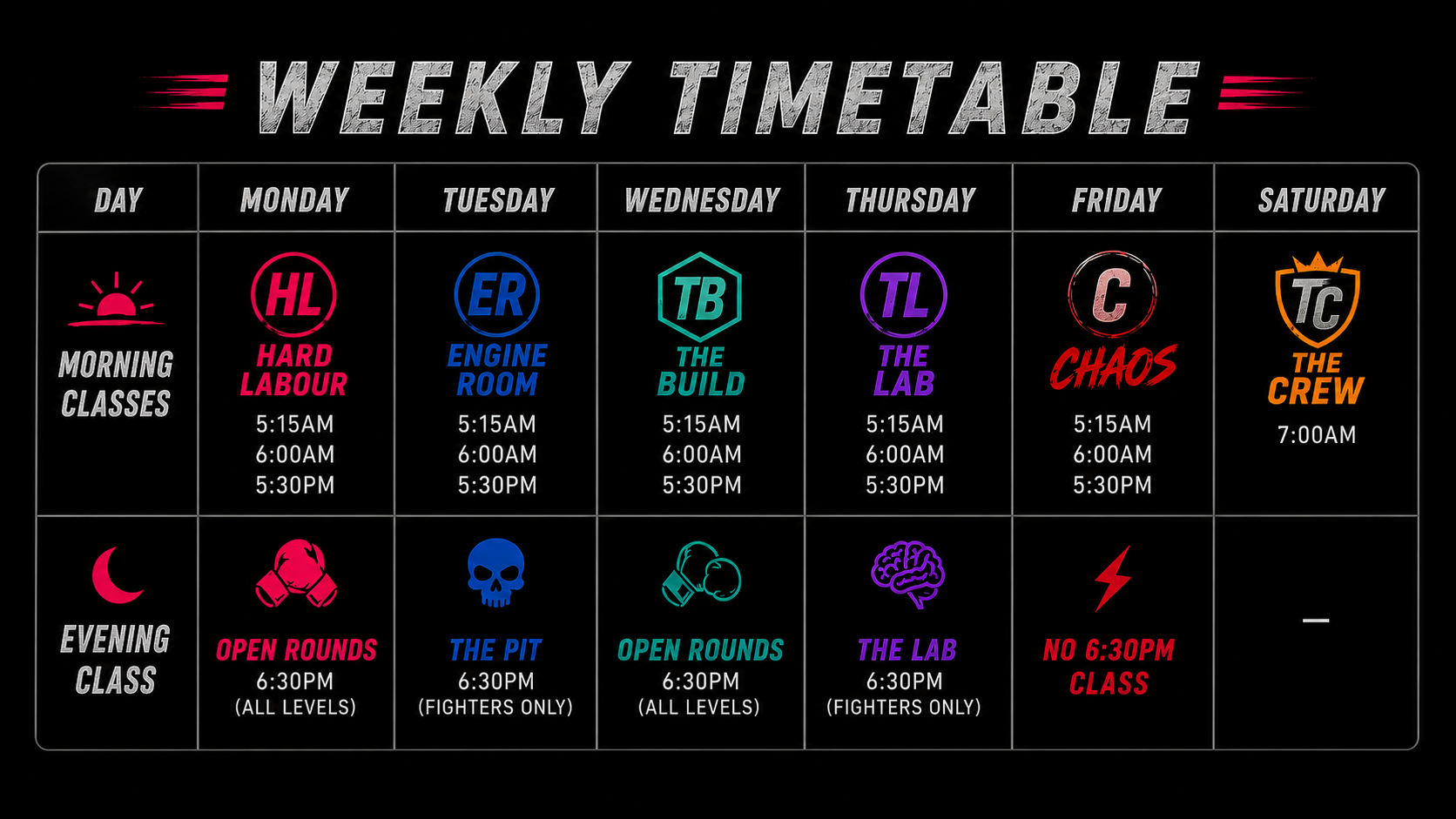 Weekly martial arts training schedule with class names, times, and symbols for each day of the week.