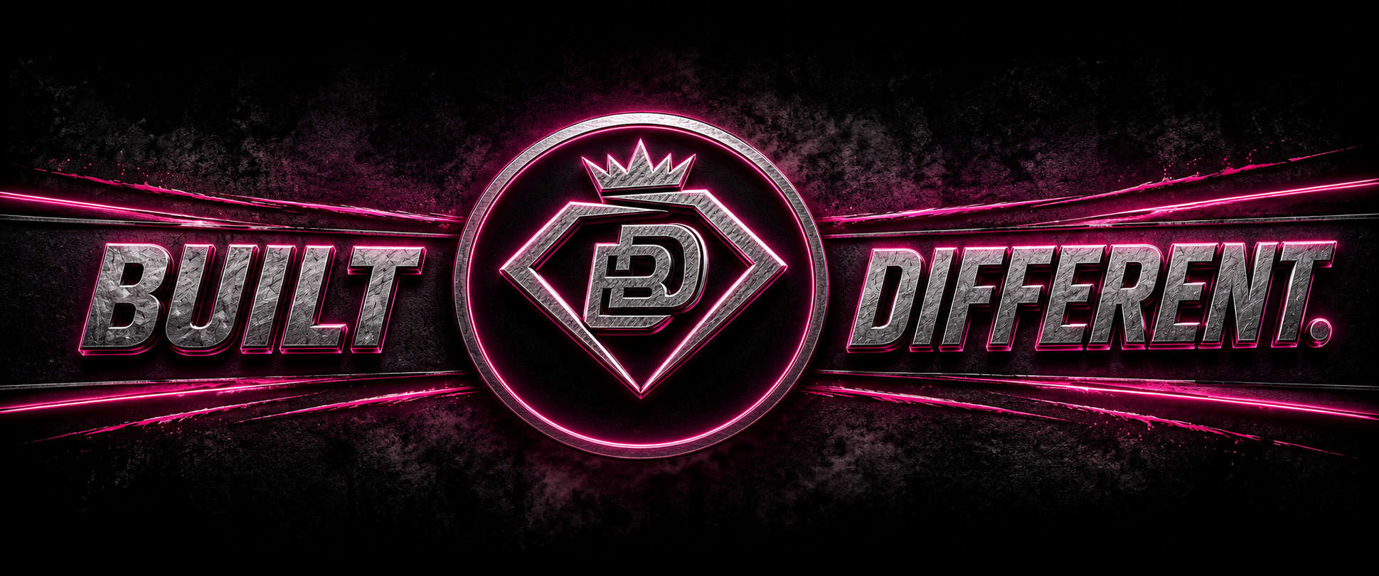 Glow-in-the-dark neon sign with the text 'Built Different' and a stylized logo with a crown and shield in the center, set against a dark textured background.