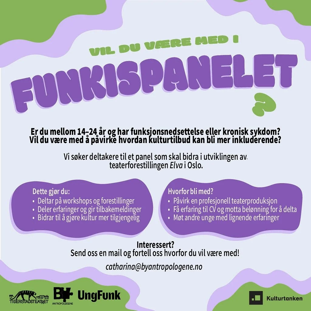 Vil du v&aelig;re med &aring; p&aring;virke hvordan kulturtilbud kan bli mer inkluderende? 🎭

N&aring; har du muligheten til &aring; bli en del av Funkispanelet og bidra i utviklingen av teaterforestillingen Elva i Oslo!&nbsp;

Du f&aring;r:
✨ Delta