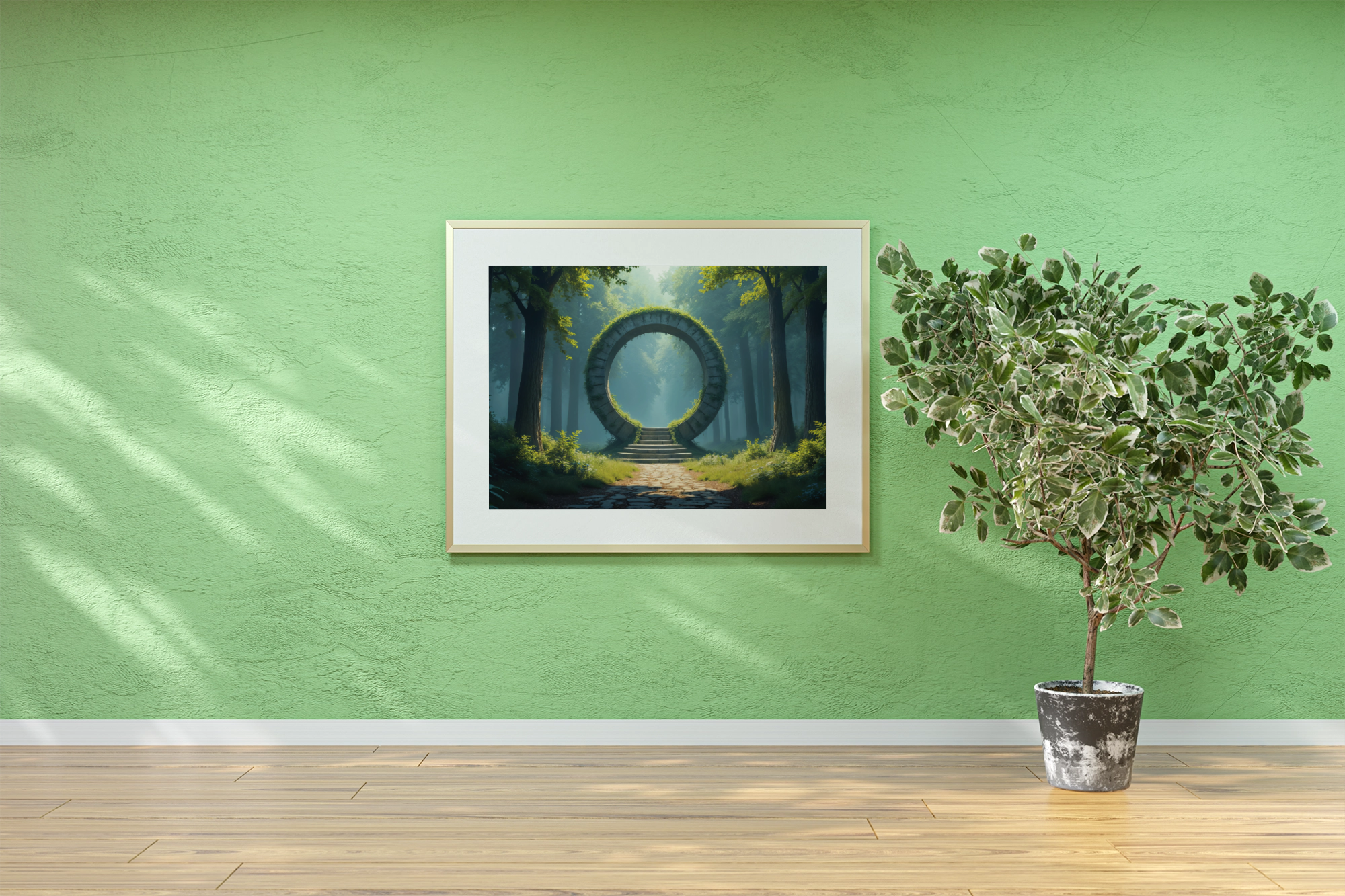 3d rendered illustration of a lage blank picture wall frame mockup in a hall with green wall.png