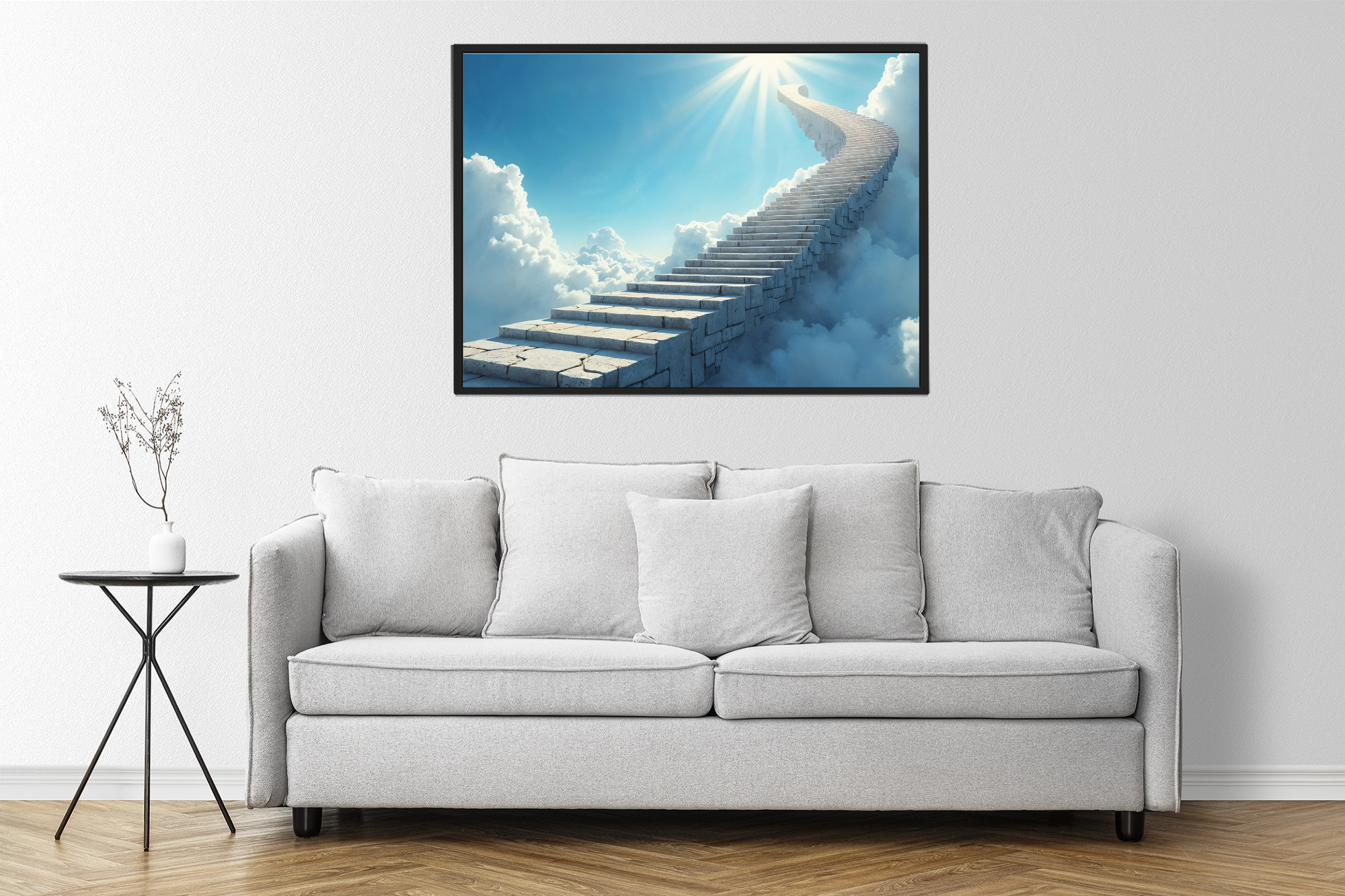 Picture frame wall mockup psd with a modern armchair in a minimal decor living room.png