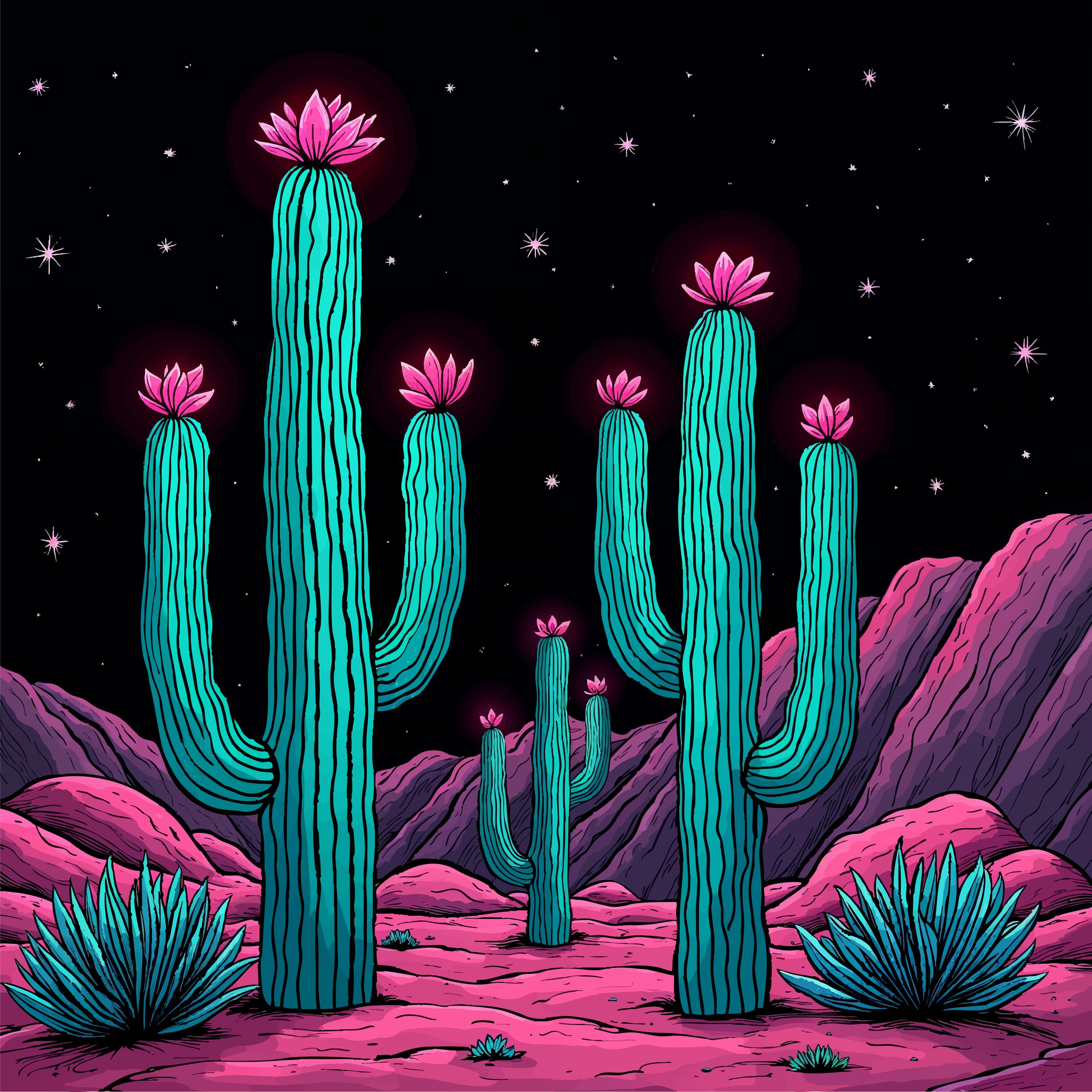 Neon Cactus with Pink Flowers
