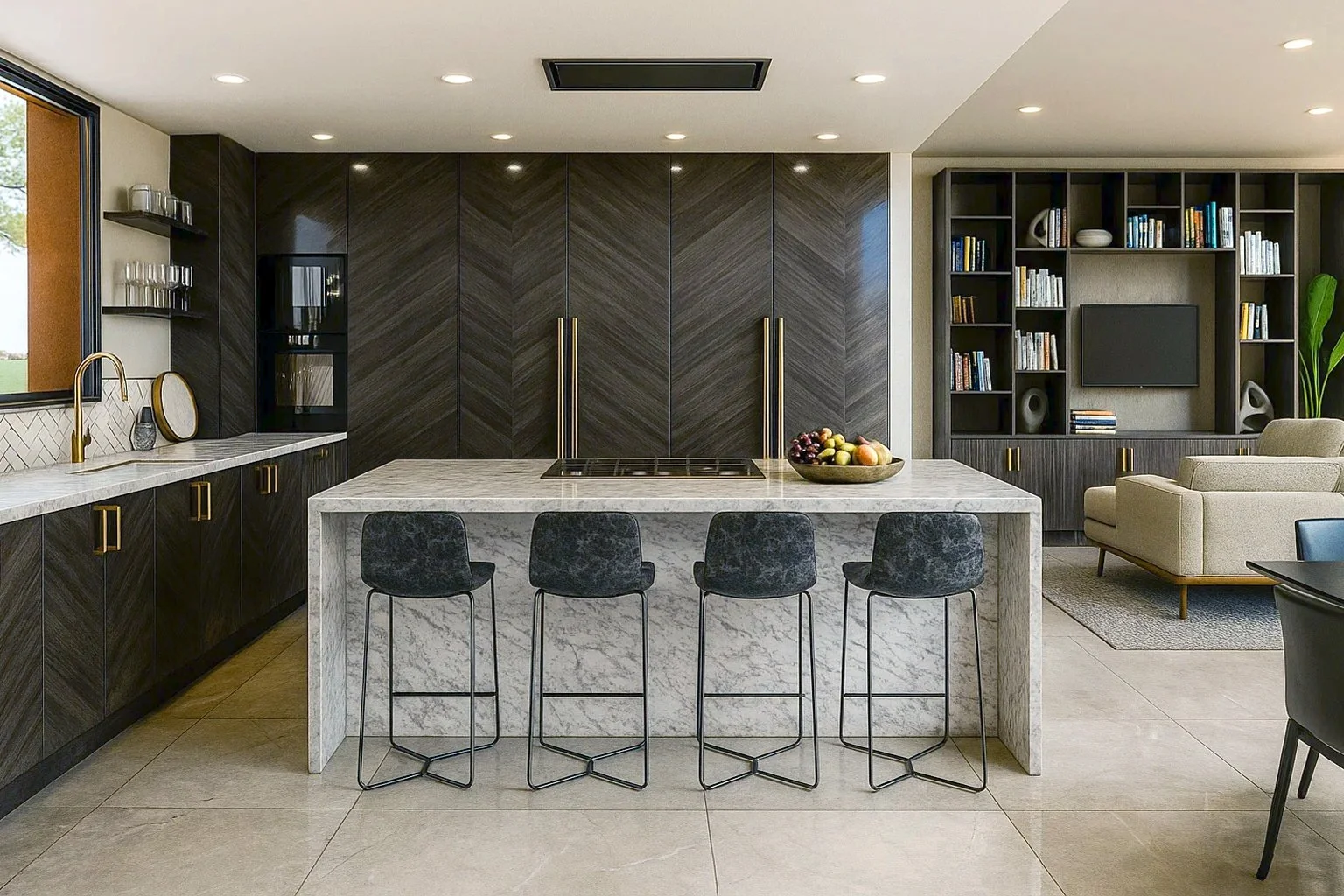 Stone House - Kitchen view with island in the middle clad entirely with italian marble. In the background the living room is visible, therefore ensuring a continuous living, cooking and dining experience.