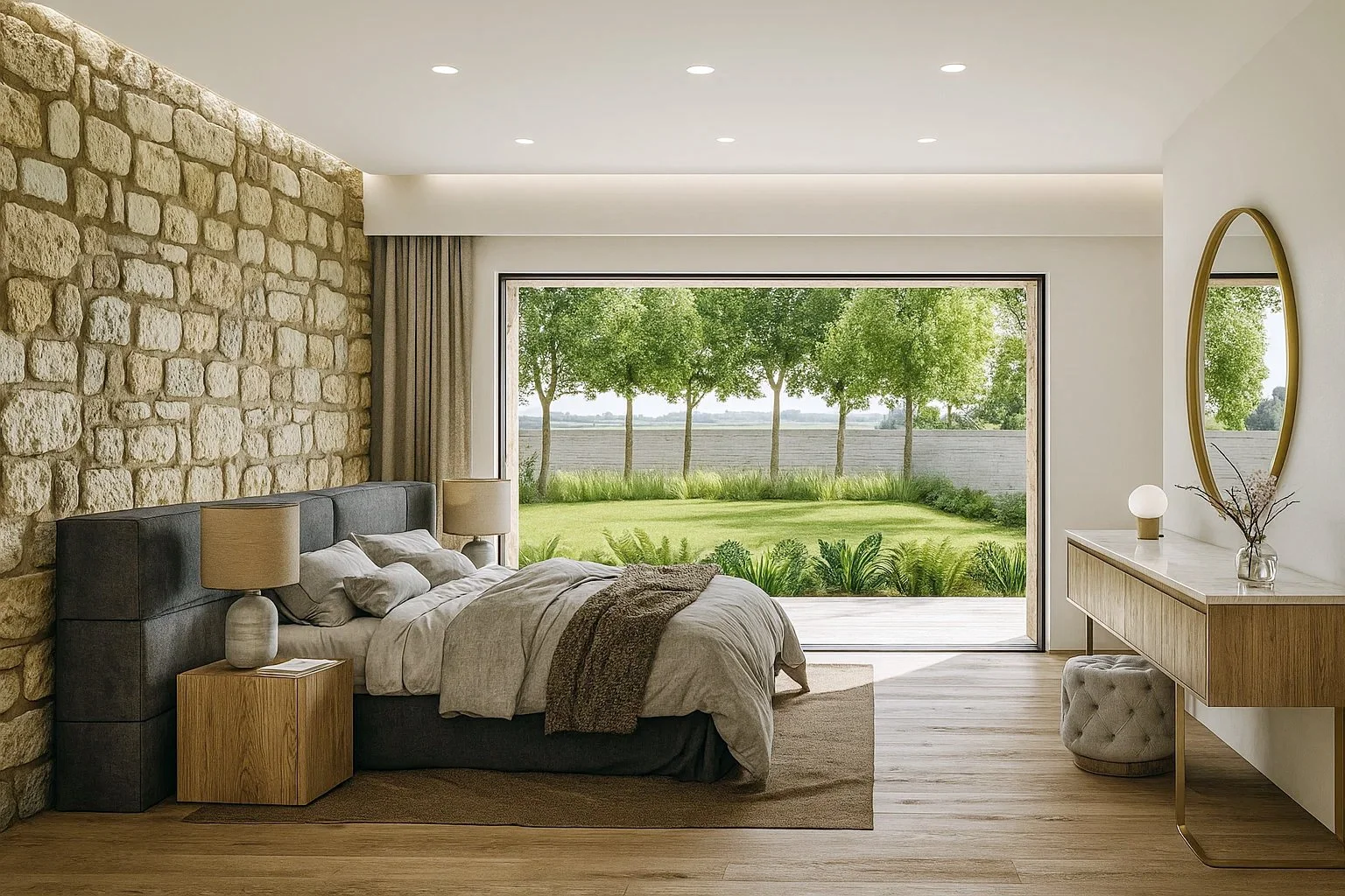 Stone House - Bedroom view with feature wall clad with local rough cut stone to act as an accent wall. Lush bed and oak timber flooring to give a warm feel. Linen curtains and lush garden outside with lots of trees and plants.