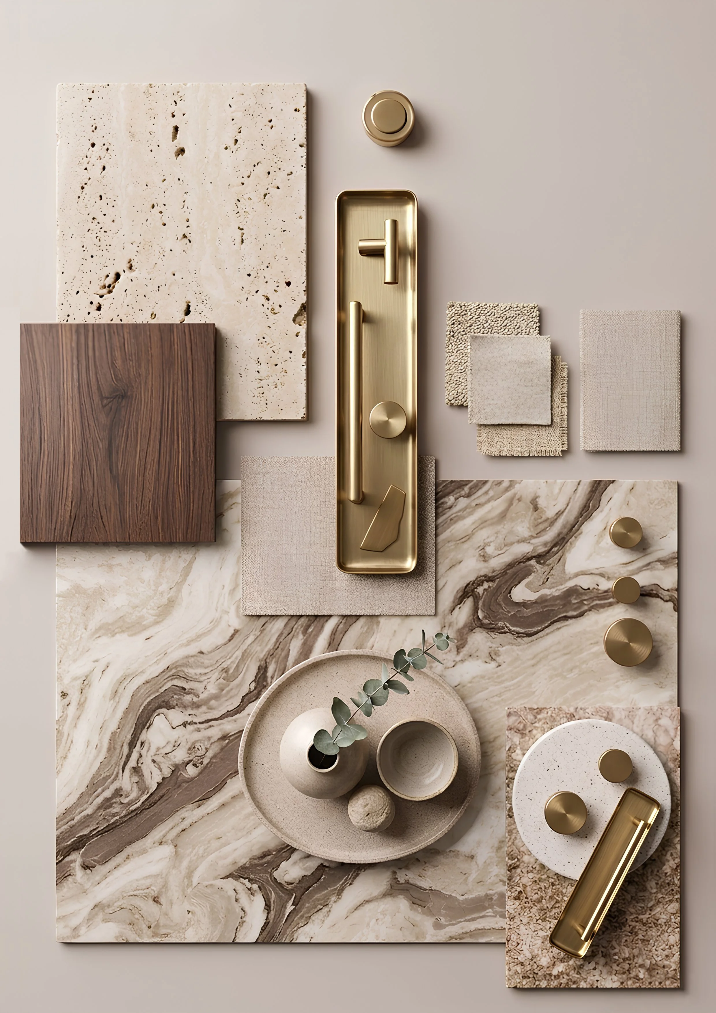 Sophisticated Mediterranean material palette combining natural travertine, rich walnut, expressive marble and brushed brass, creating a refined interior with timeless character, warmth and understated richness
