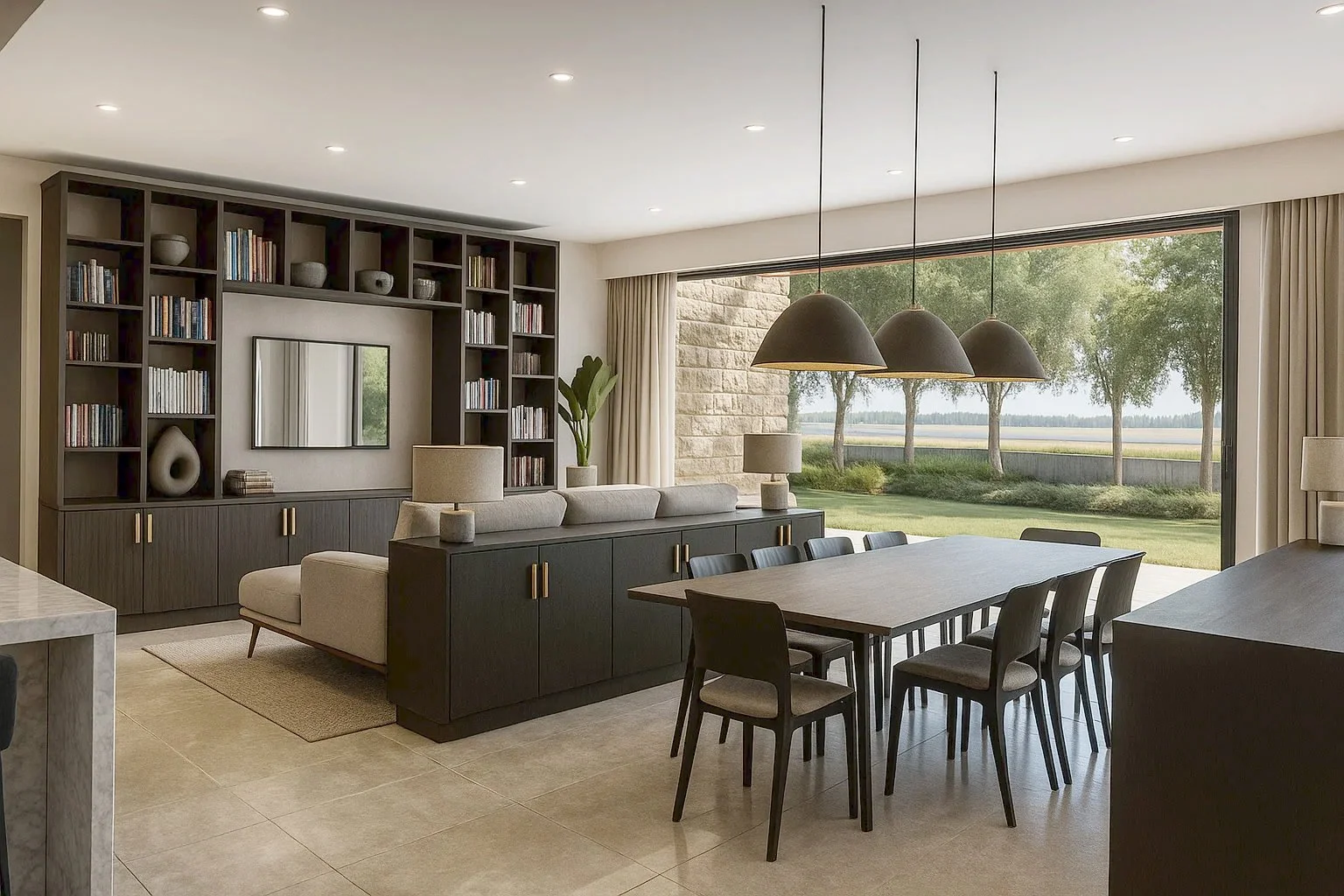 Stone House - Perspective view of open plan living and dining area featuring a full height wall furniture used as library and enclosing the tv. Luxury sofas and walnut dining table set.