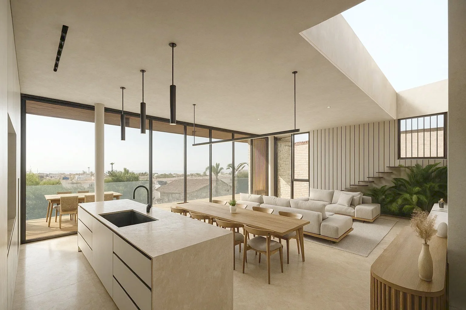 Step into serenity with this captivating high-end interior, where tranquility meets sophistication. Adorned with luxurious walnut stair treads and complemented by lush exotic plants, this space exudes an aura of opulence and refinement. The black pai
