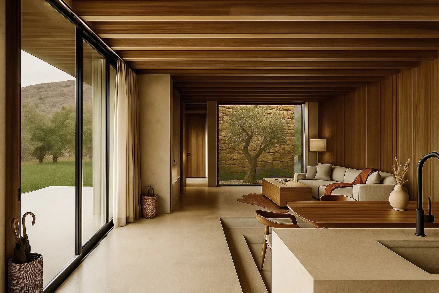 Interior of living room looking towards bedroom with cosy sofa, wooden dining table and kitchen island with tap. Sliding windows look out to garden and nature with lots of trees, with internal window looking at stone cladding and cork tree along lush