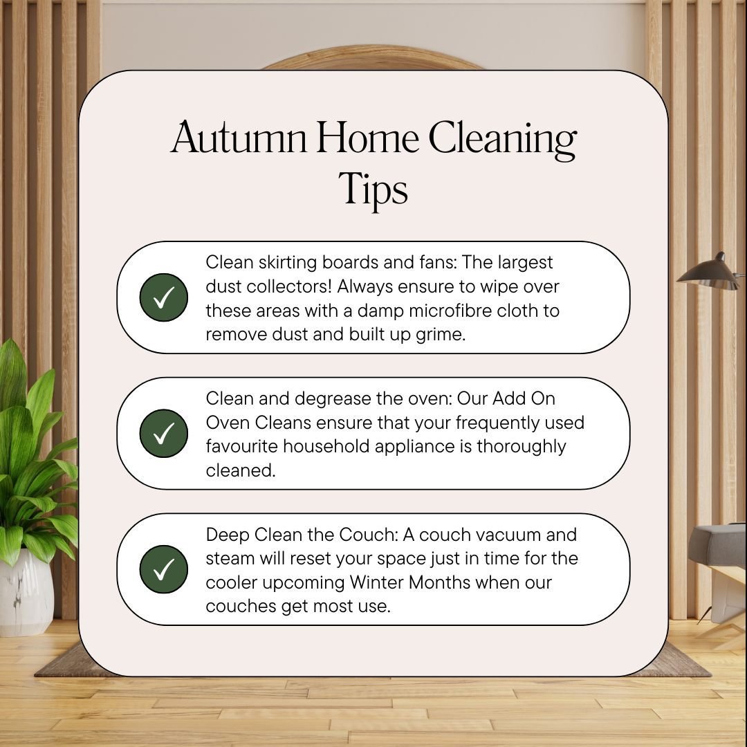 🍁 Keep your home autumn-fresh with our top cleaning tips! From skirting boards to ceiling fans, ovens to couches, we've got you covered! 🍂 

#JetlagRemedy #AutumnCleaning #CleanSkirting #FanFresh #OvenClean #CouchRefresh #FallVibes #CleaningTips&qu