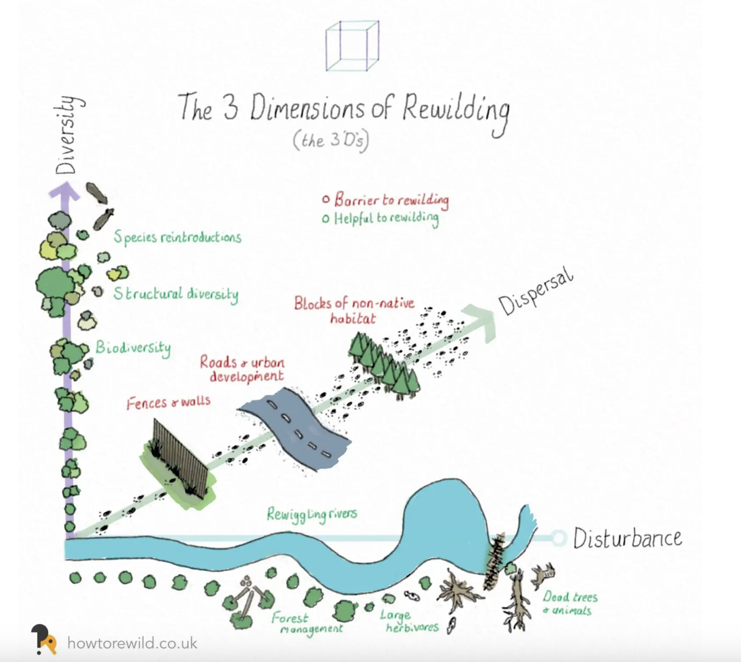 The image shows the 3 dimensions of european rewilding.