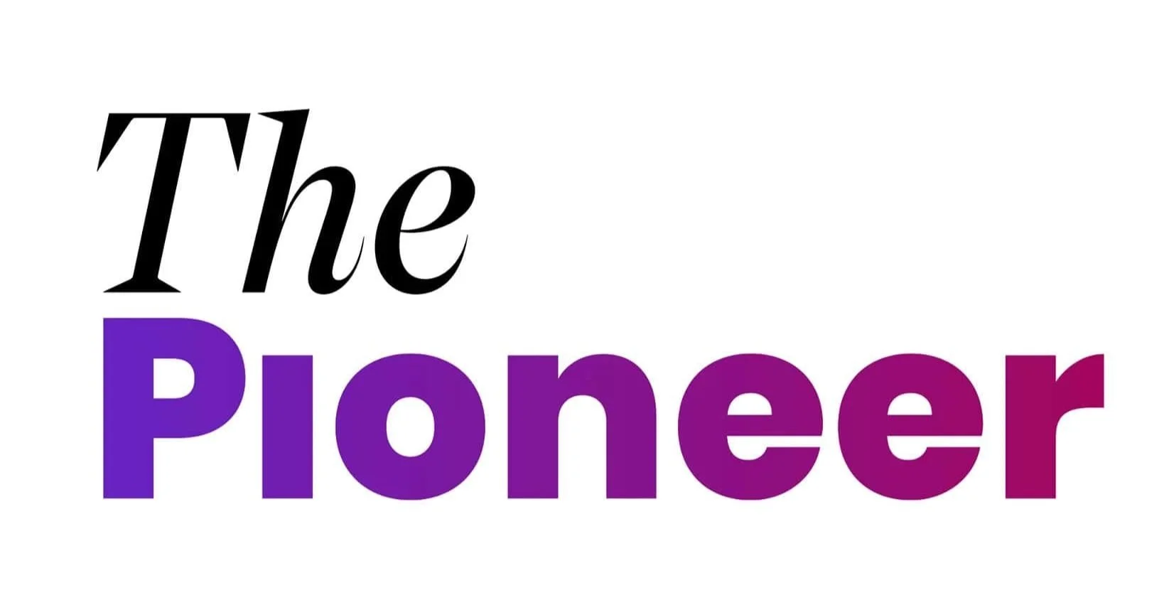 Der Text 'The Pioneer' in schwarzer und violetter Schrift auf weißem Hintergrund.
