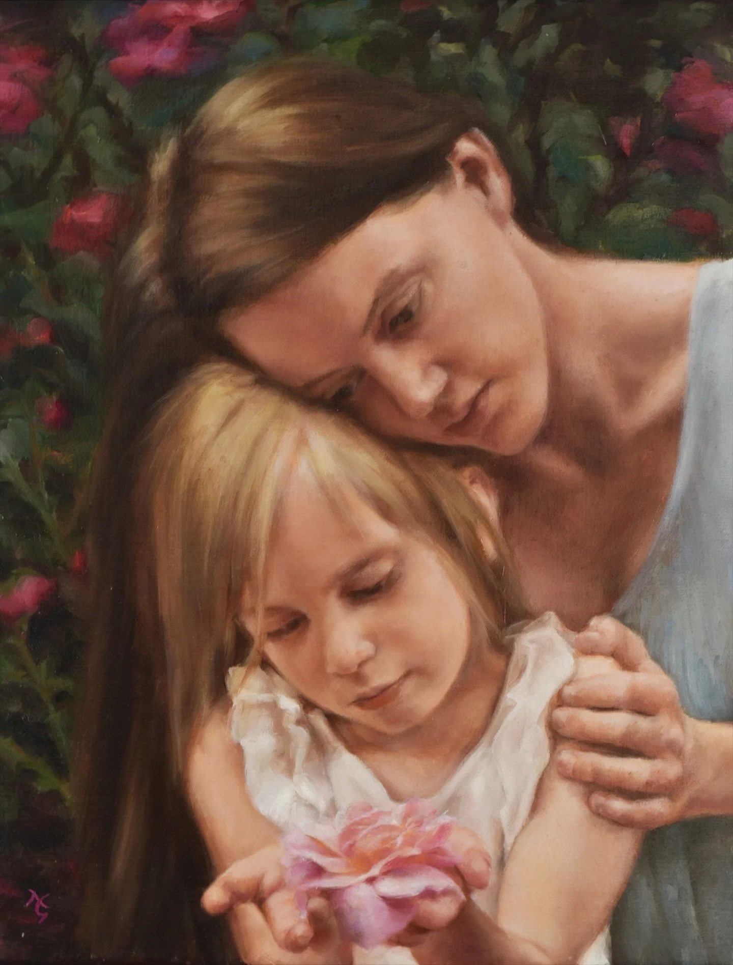 Behold
18x14
Oil on canvas

You behold life&rsquo;s beauty,
I behold yours.
You see the world with delight
when all I see is danger.
You blissfully explore 
while I knowingly protect.
Your innocence grants you curiosity 
and I will safeguard it as lo