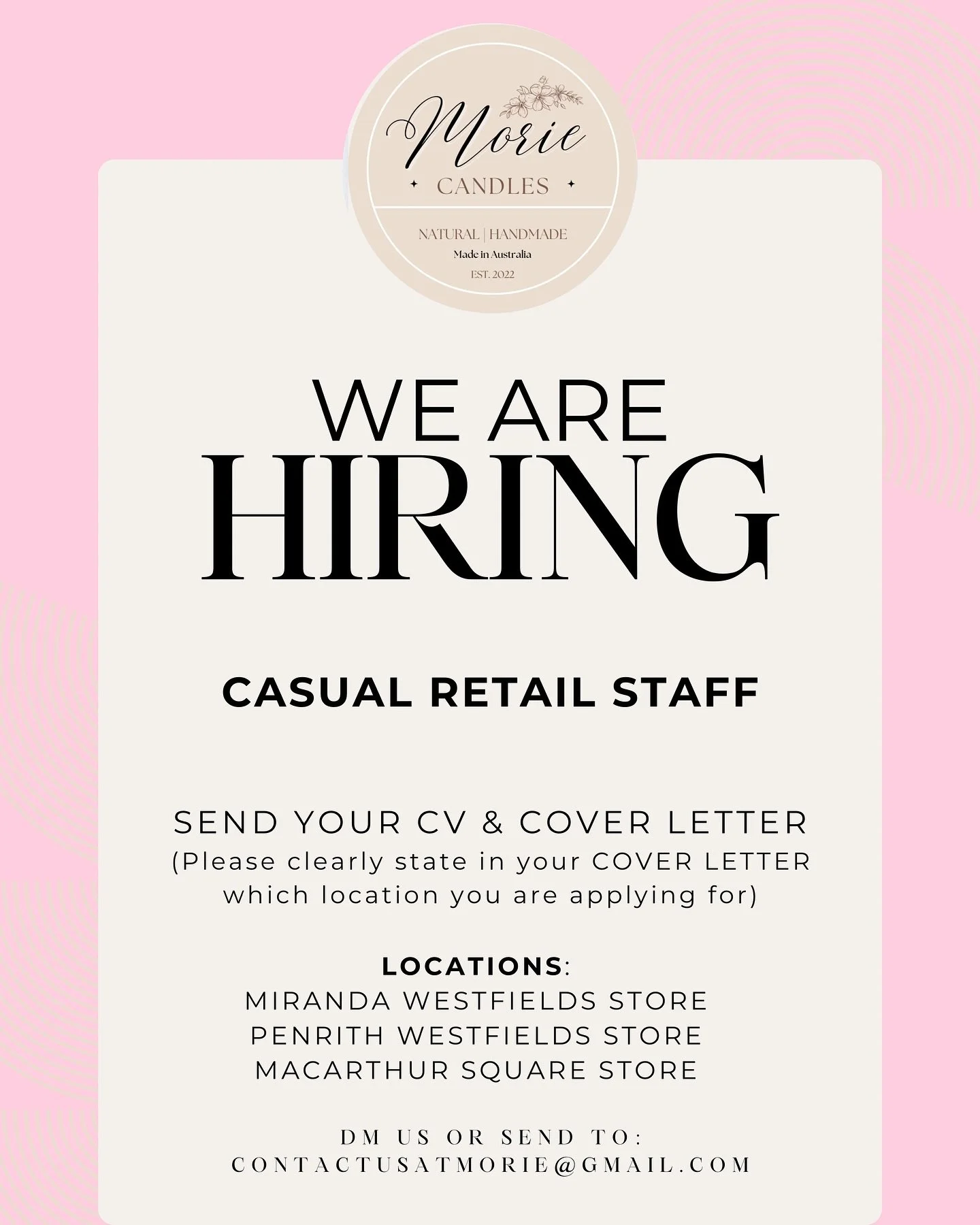 β¨ WE’RE HIRING! β¨
We’re looking for casual staff members to join our team across our stores π
πΌ Requirements:
- able to work minimum 3 days in November 
- able to work minimum 5 days in December 
π Locations:
	•	Miranda (Immedia
