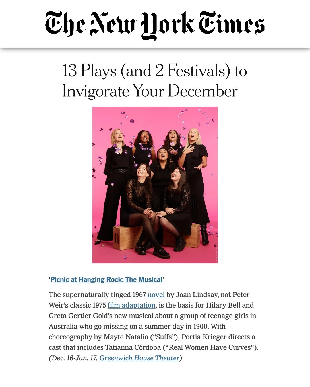 ⁠
Hey New York friends! Not sure what to check out this holiday season? We&rsquo;ve got a solid pick for you, and so does The New York Times 👀⁠
⁠
Picnic at Hanging Rock (@picnic.the.musical) is a musical twist on the classic Aussie novel from 1967 b