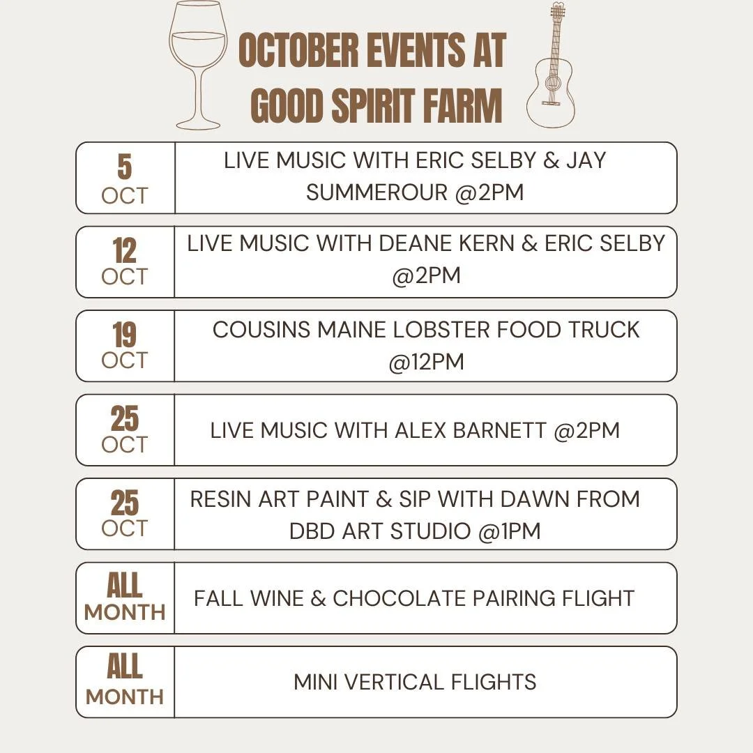 This October is all treats, no tricks at Good Spirit Farm! 🕸️ With live music, creative crafts, and wickedly good pairings, the season is looking frightfully fun.