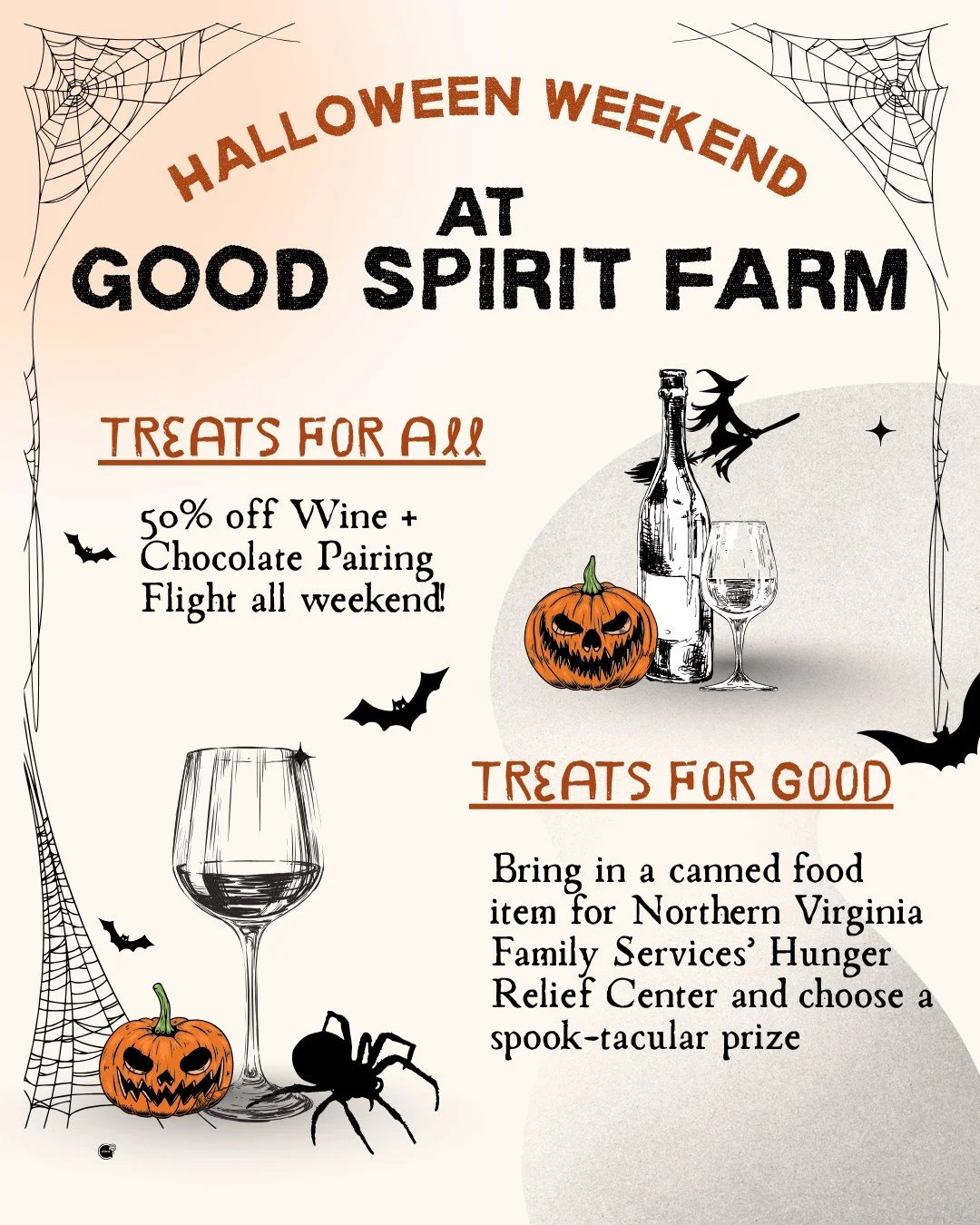 Halloween weekend at Good Spirit Farm will be filled with terrifyingly delicious treats and a spooktacular opportunity to give back to our community! 👻 Enjoy 50% off our Wine + Chocolate Pairing Flight all weekend long. Plus, bring in a canned food