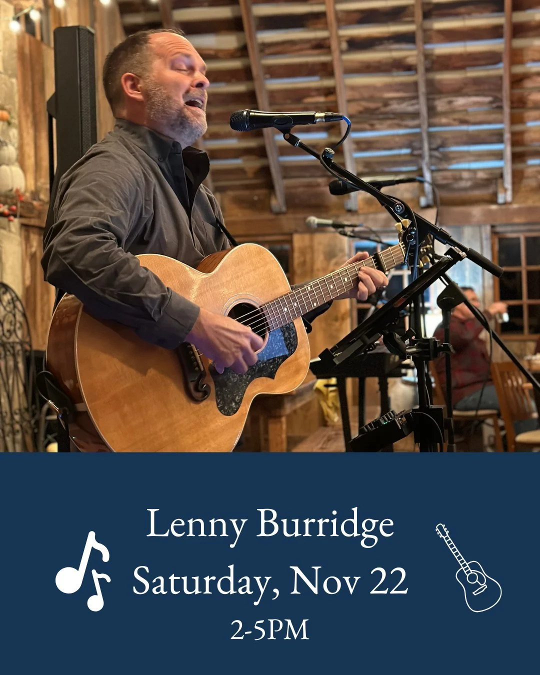 Lenny Burridge is back in the Tasting Room this Saturday, November 22! 🍷 Stop by for a glass of wine and enjoy some great live music from 2&ndash;5 PM.