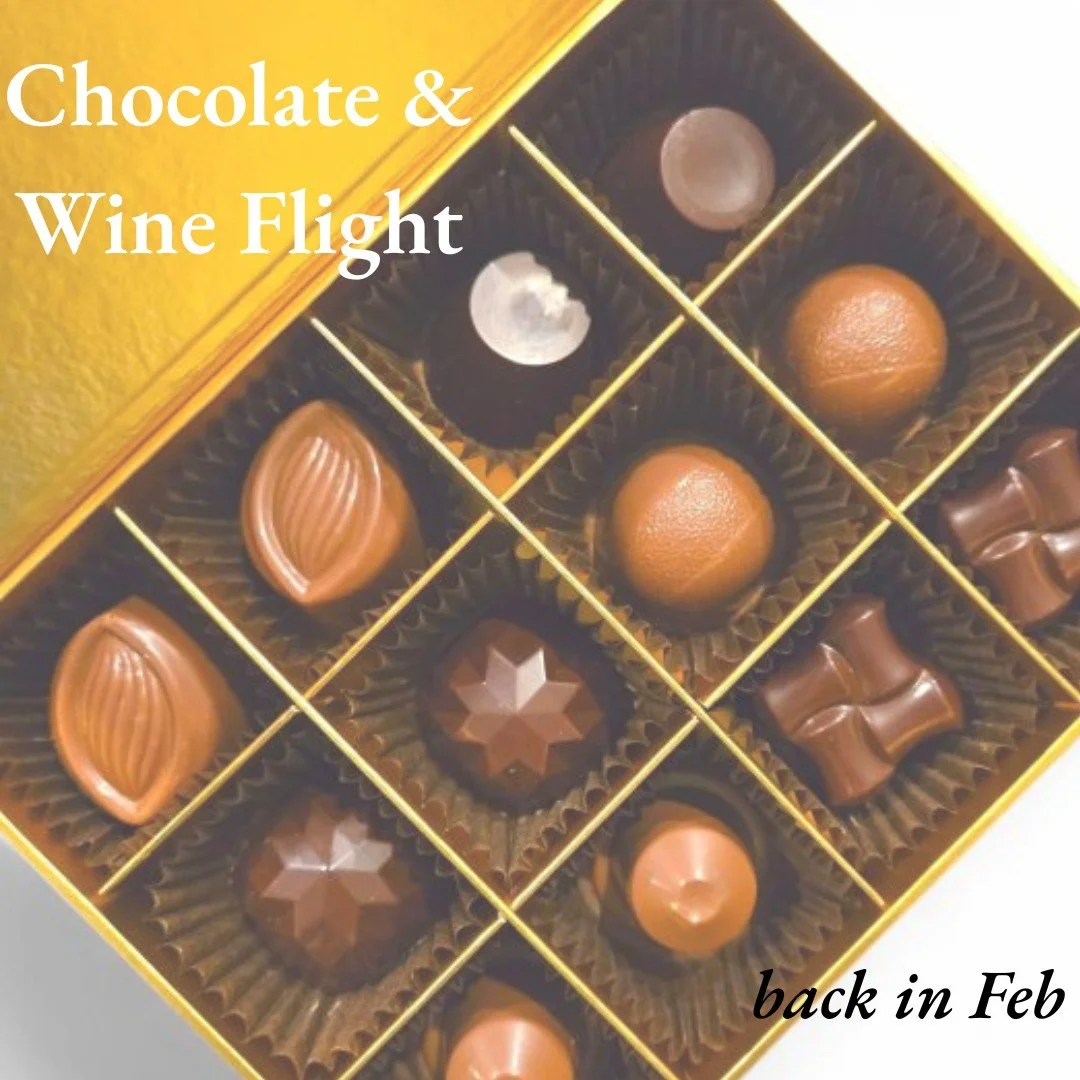 Chocolate &amp; Wine Flights are almost here! 🍷🍫 We&rsquo;ve teamed up once again with @seemisconfections, who crafted four incredible chocolates to pair with some of our favorite wines. Available all February long!